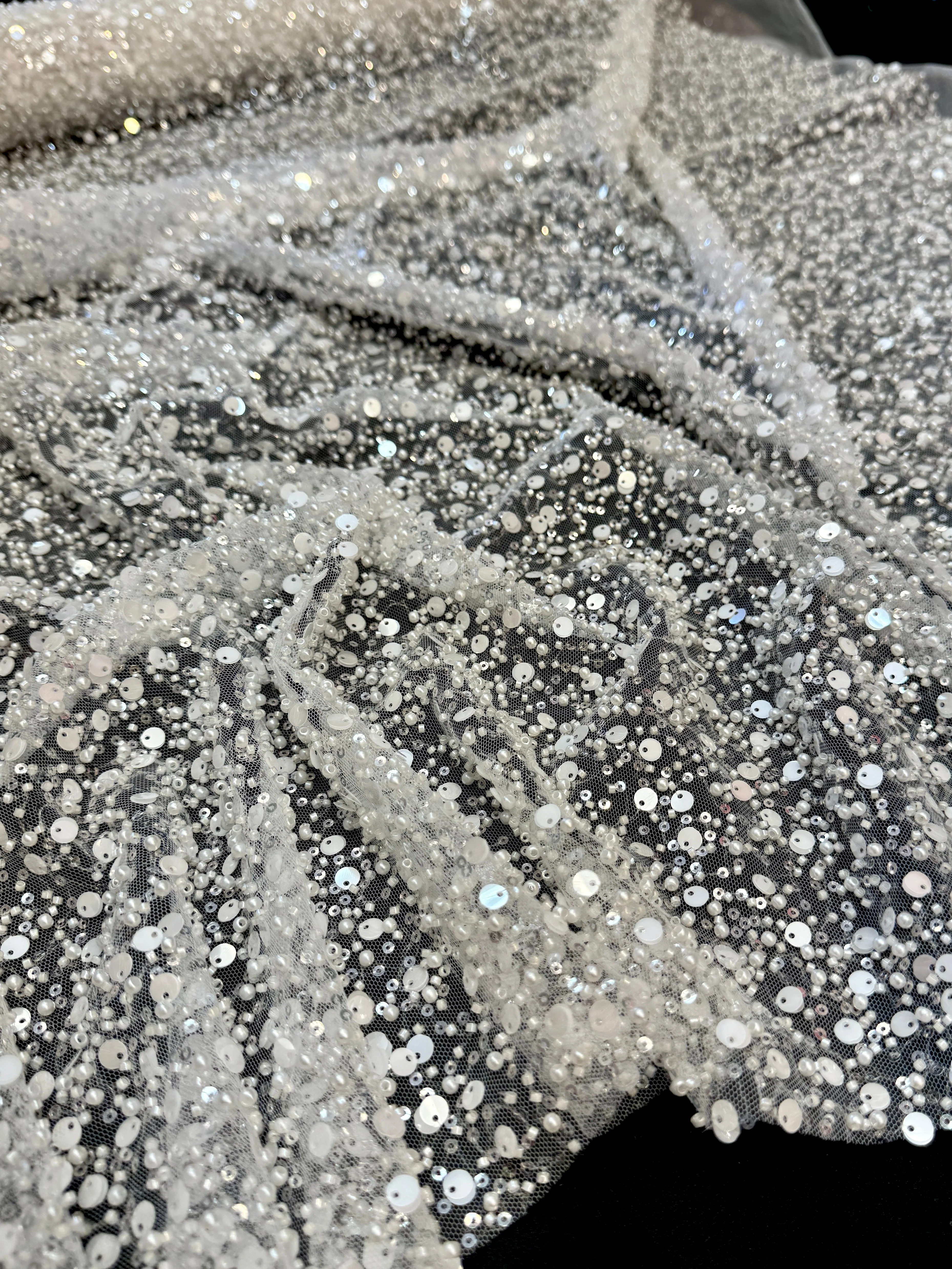 Off White Beaded Sequin Pearl Embroidered Mesh Lace - Image 4