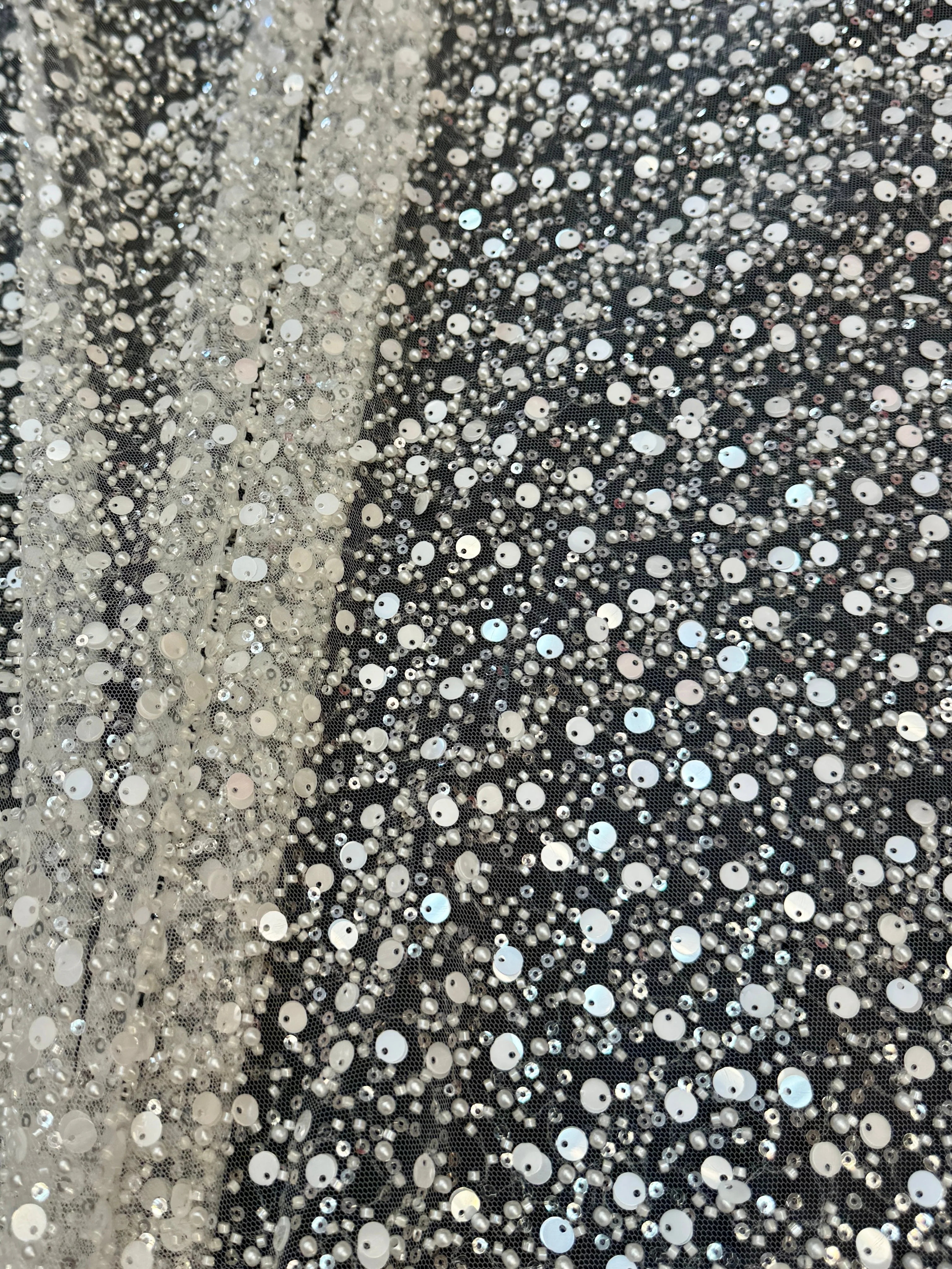 Off White Beaded Sequin Pearl Embroidered Mesh Lace - Image 6