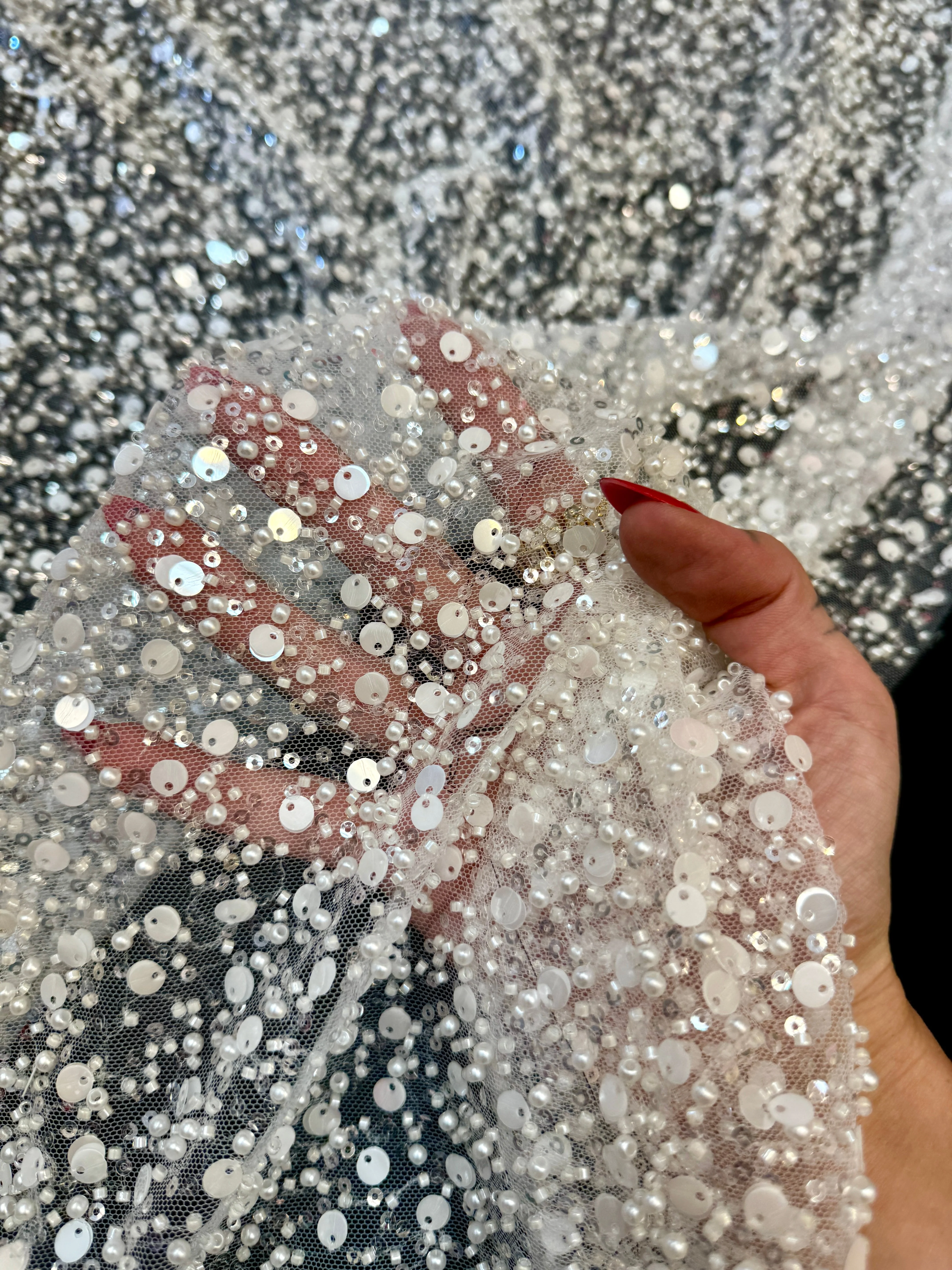 Off White Beaded Sequin Pearl Embroidered Mesh Lace - Image 8