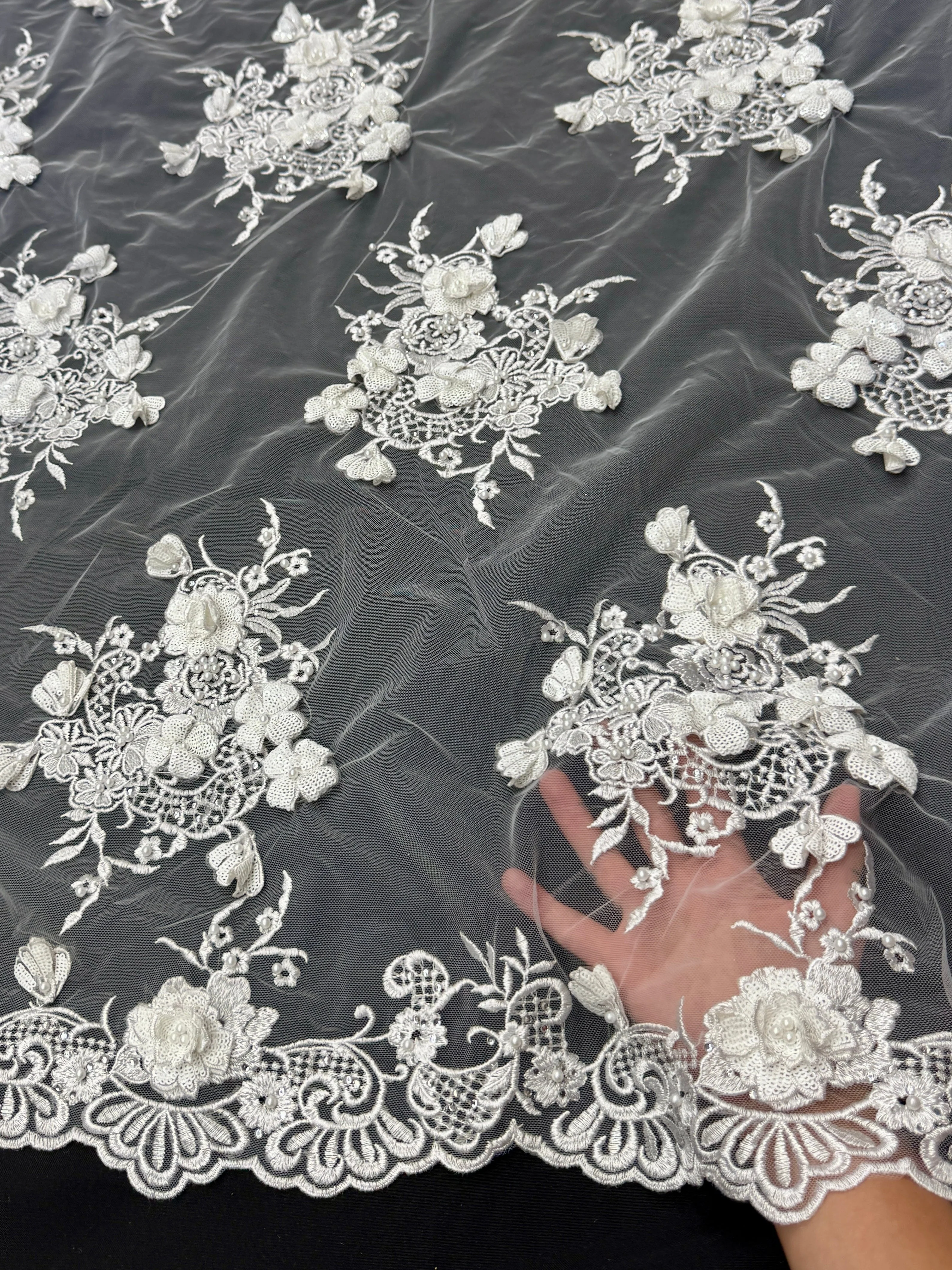 Off White Couture 3D Sequin Flower Pearl Embroidered Lace