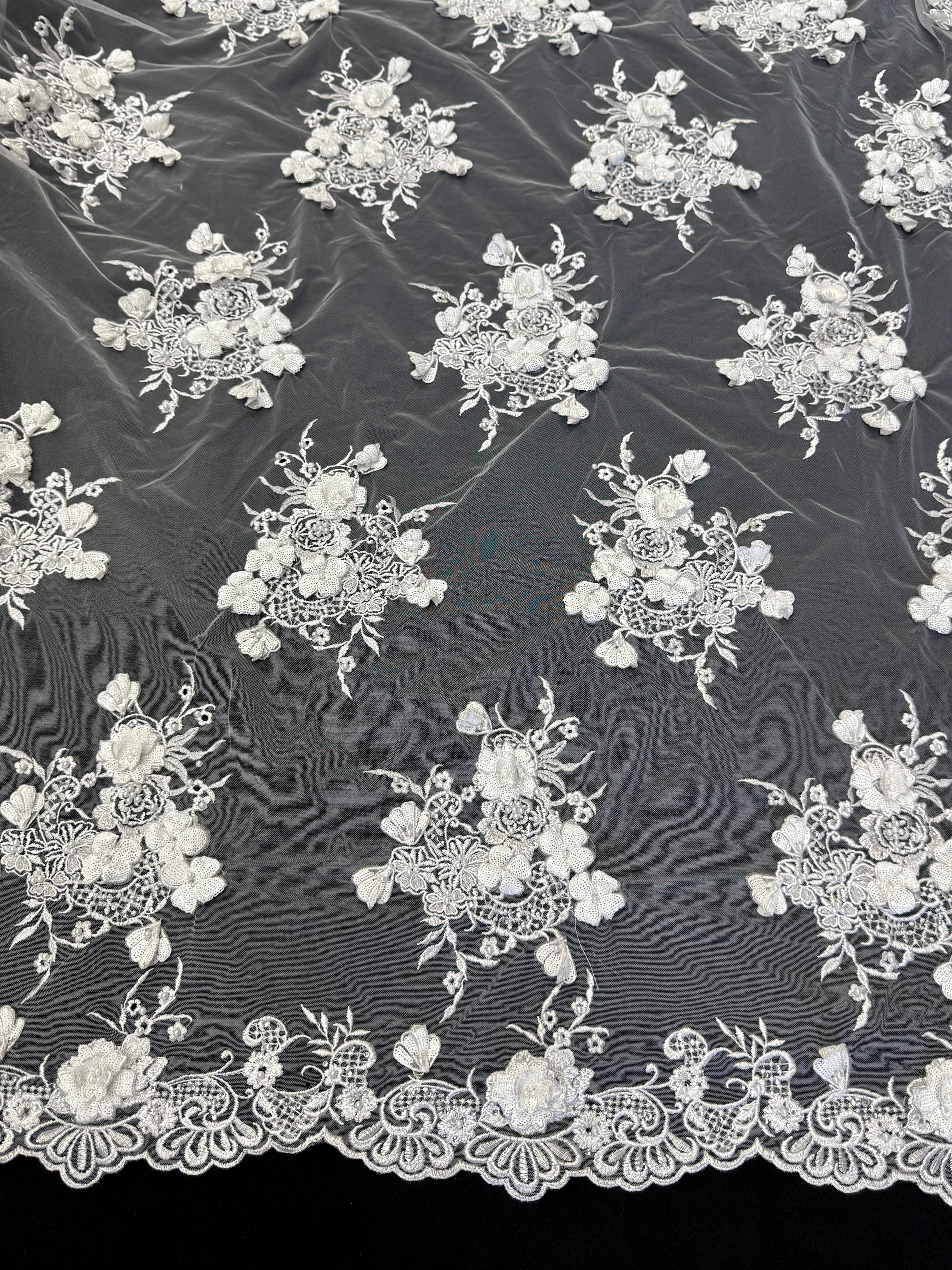 Off White Couture 3D Sequin Flower Pearl Embroidered Lace - Image 2