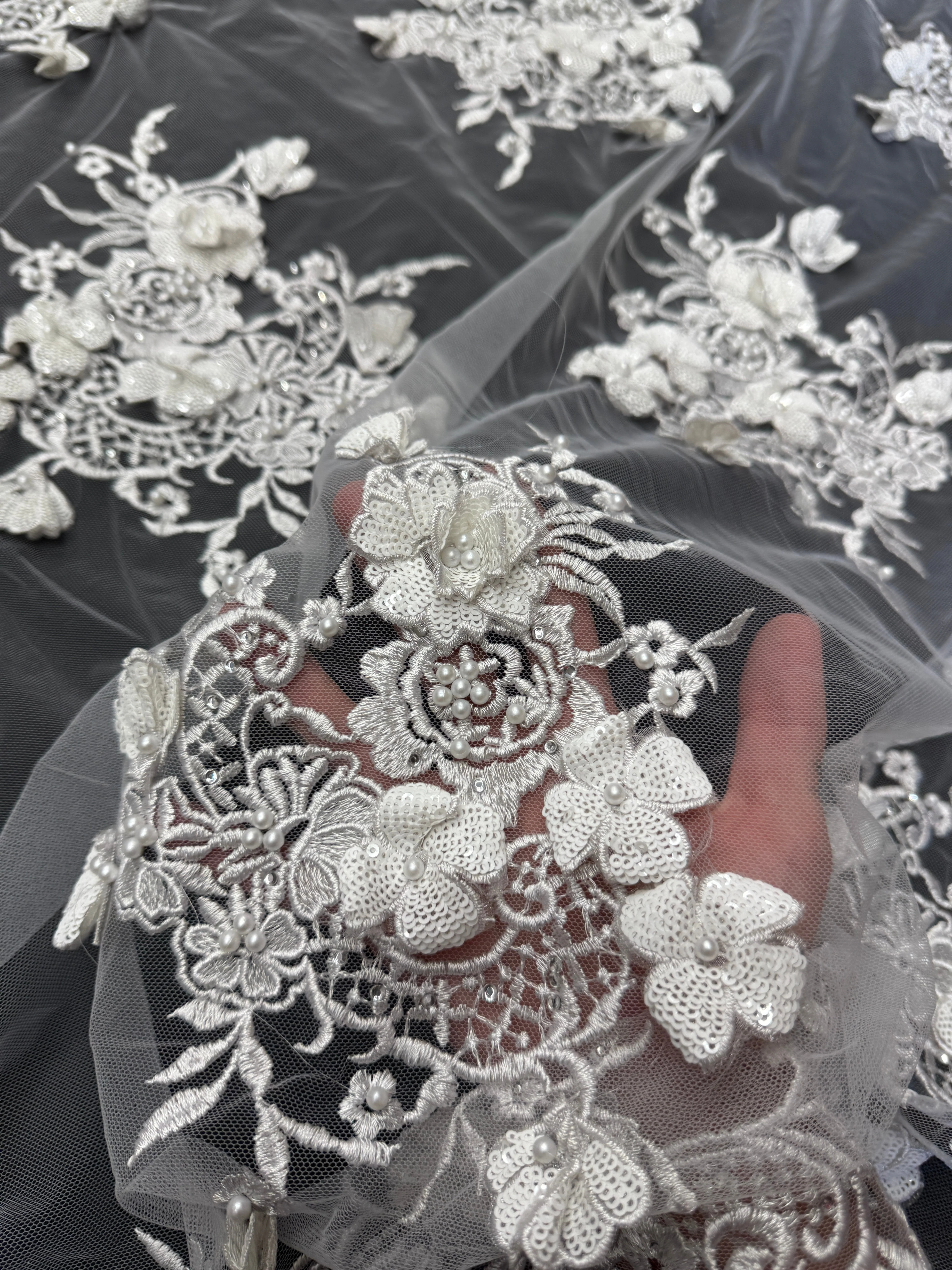 Off White Couture 3D Sequin Flower Pearl Embroidered Lace - Image 3
