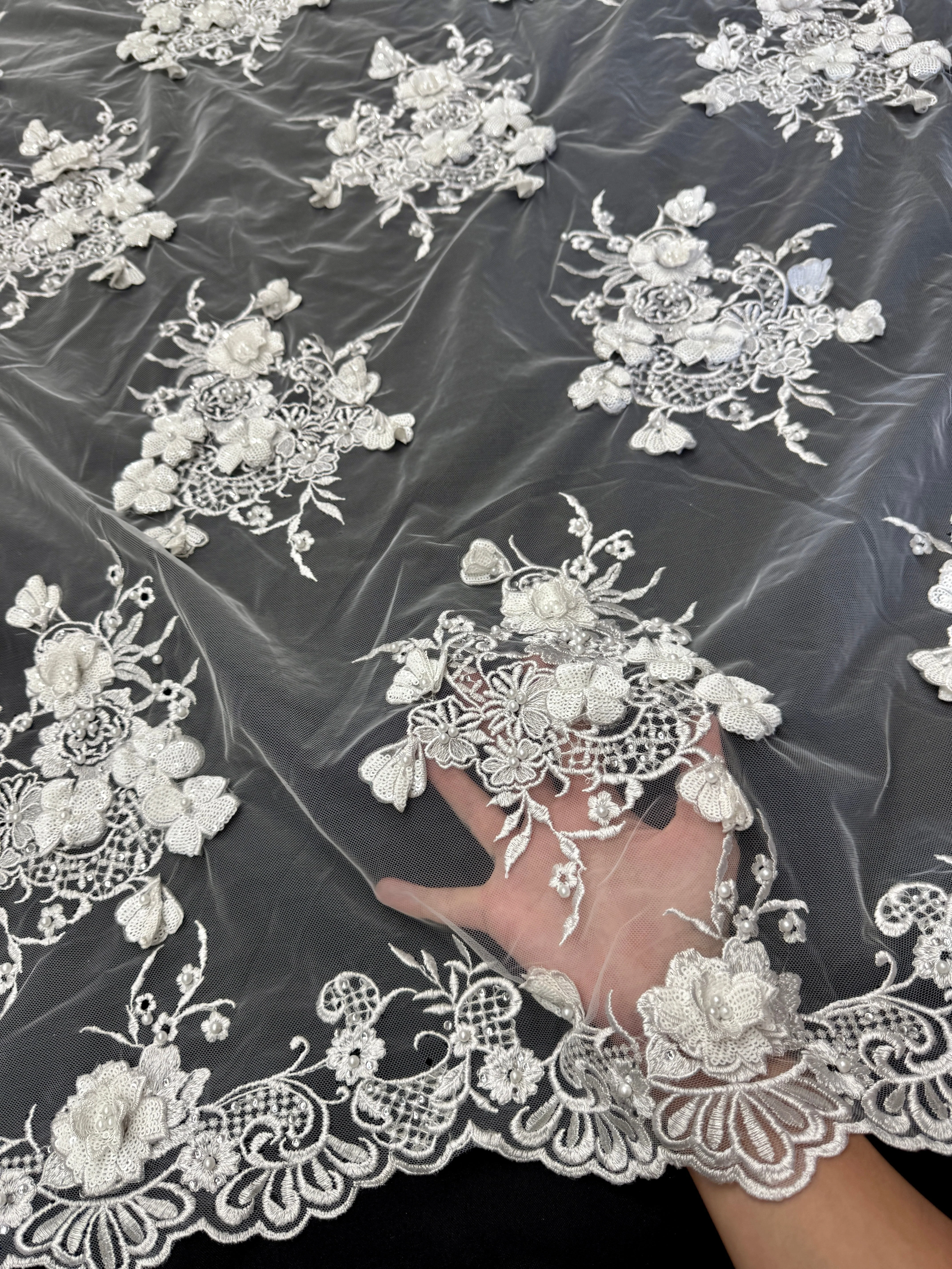 Off White Couture 3D Sequin Flower Pearl Embroidered Lace - Image 4