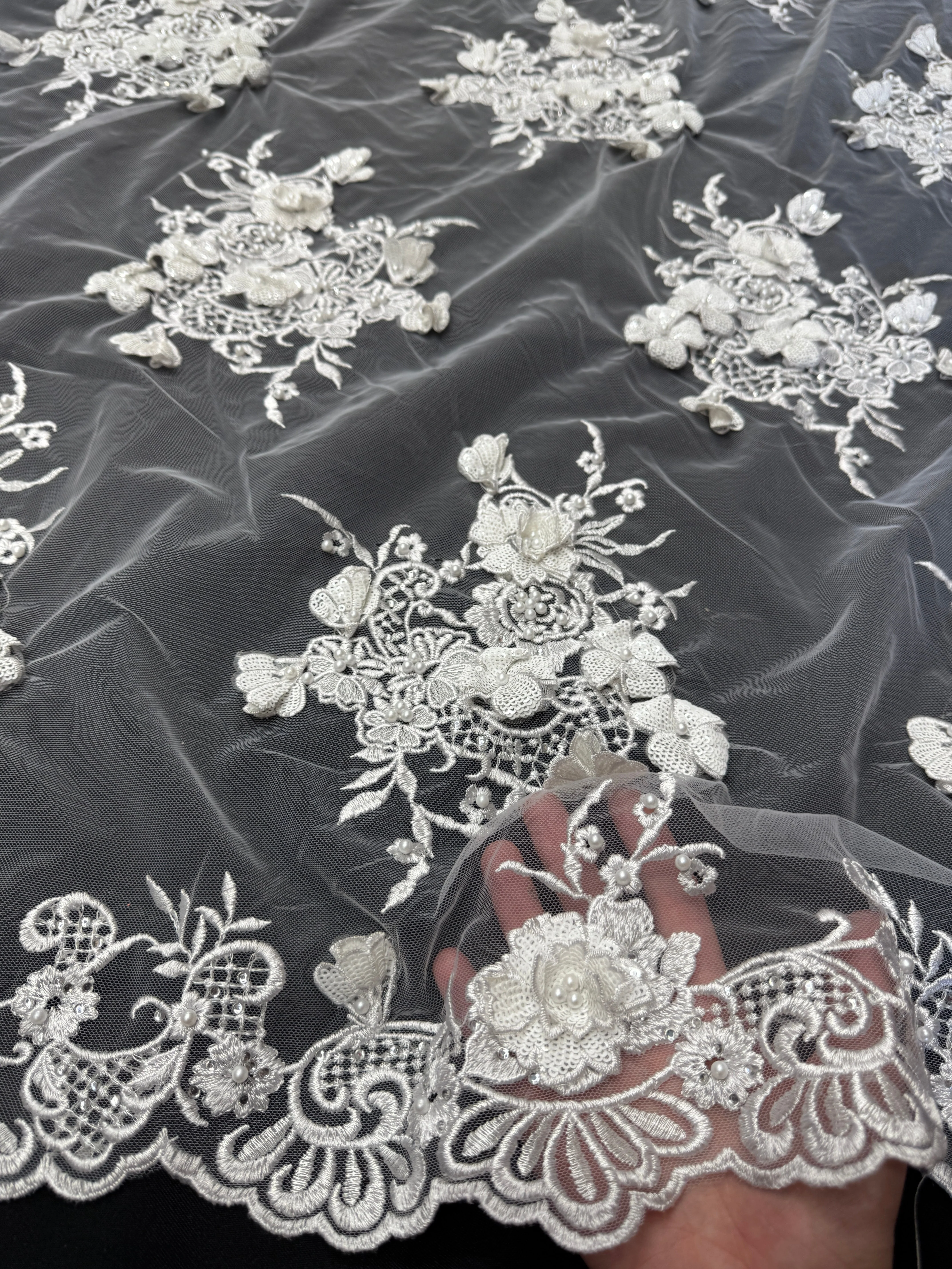 Off White Couture 3D Sequin Flower Pearl Embroidered Lace - Image 5