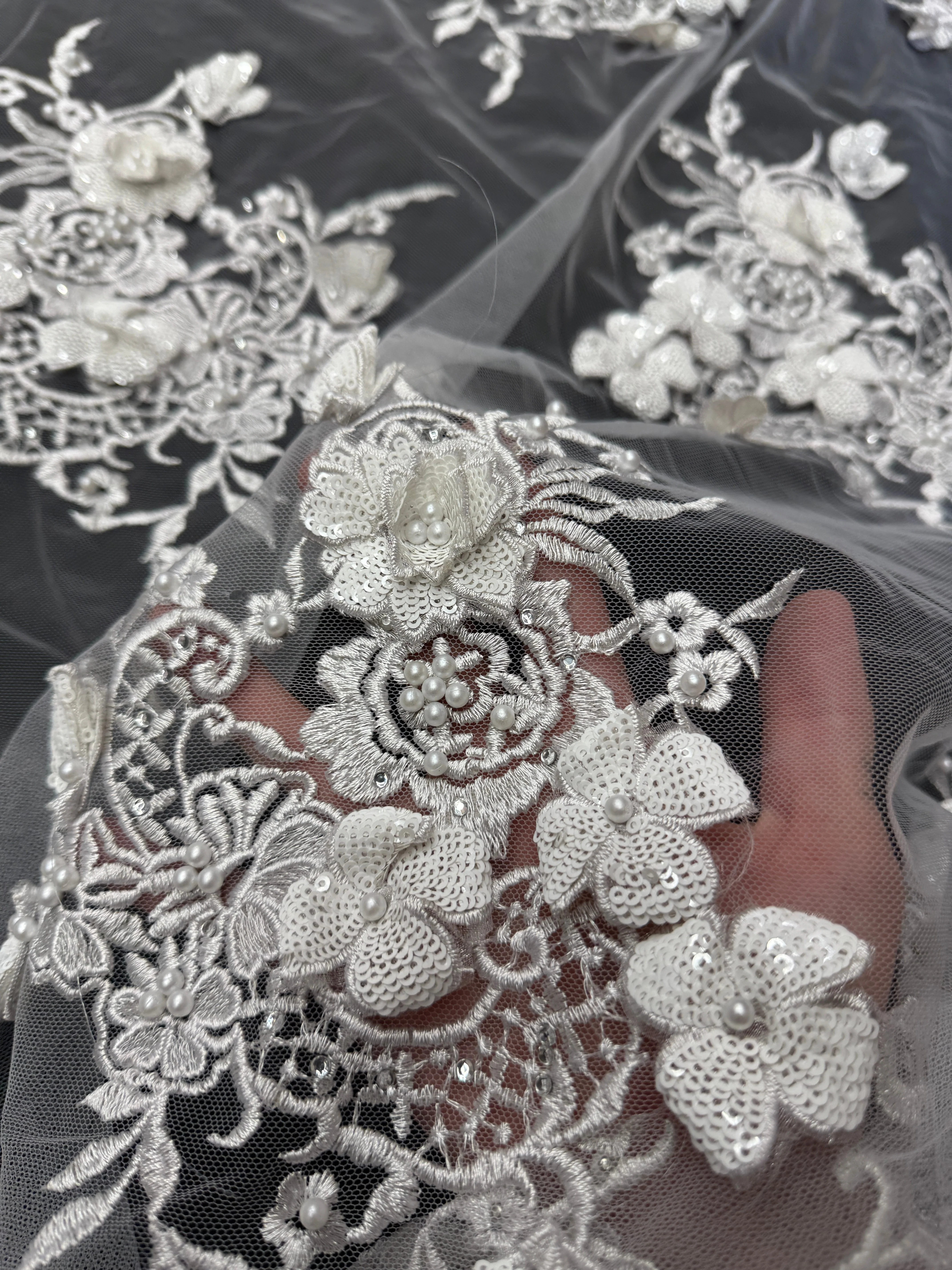 Off White Couture 3D Sequin Flower Pearl Embroidered Lace - Image 6