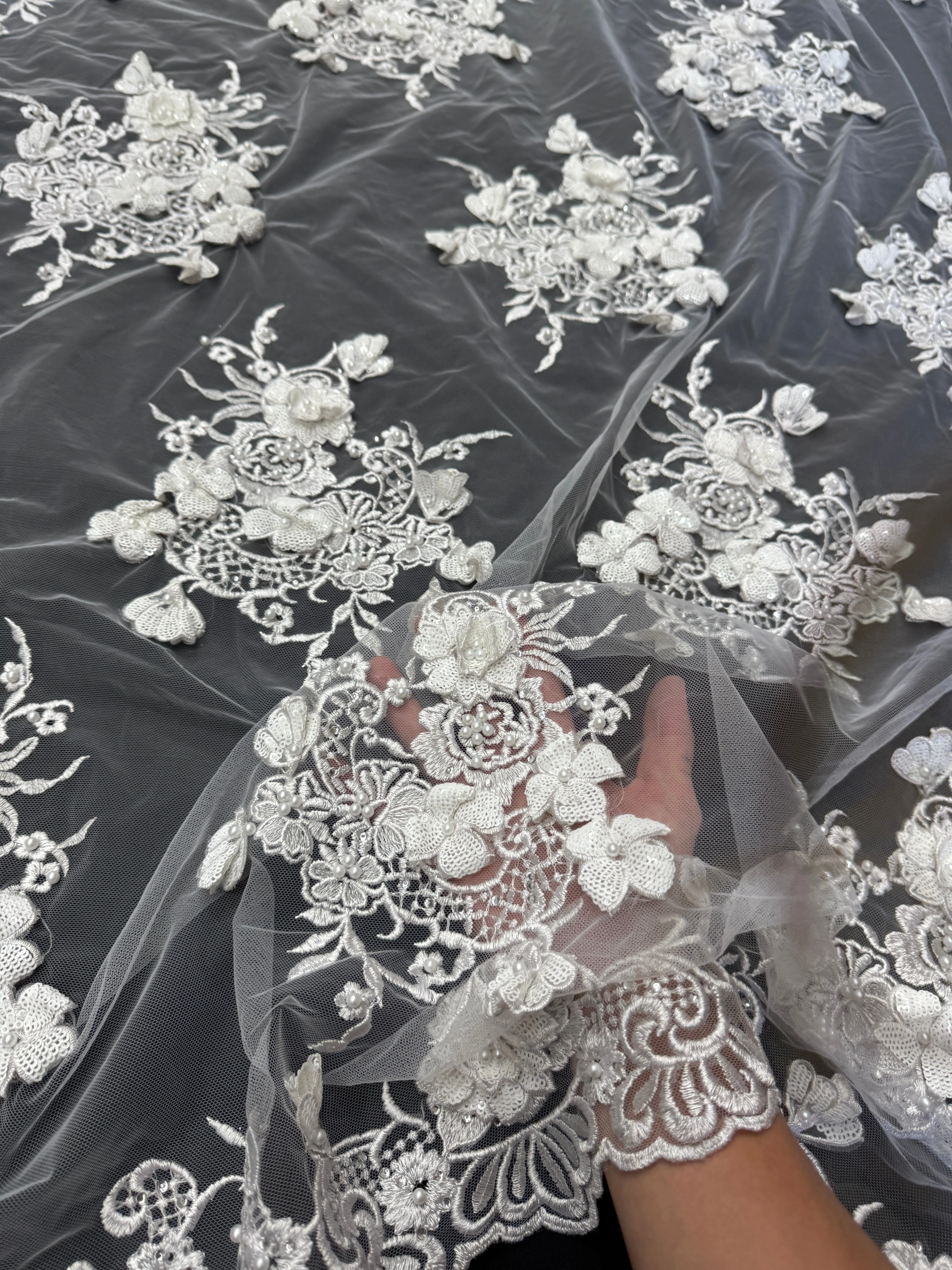 Off White Couture 3D Sequin Flower Pearl Embroidered Lace - Image 7