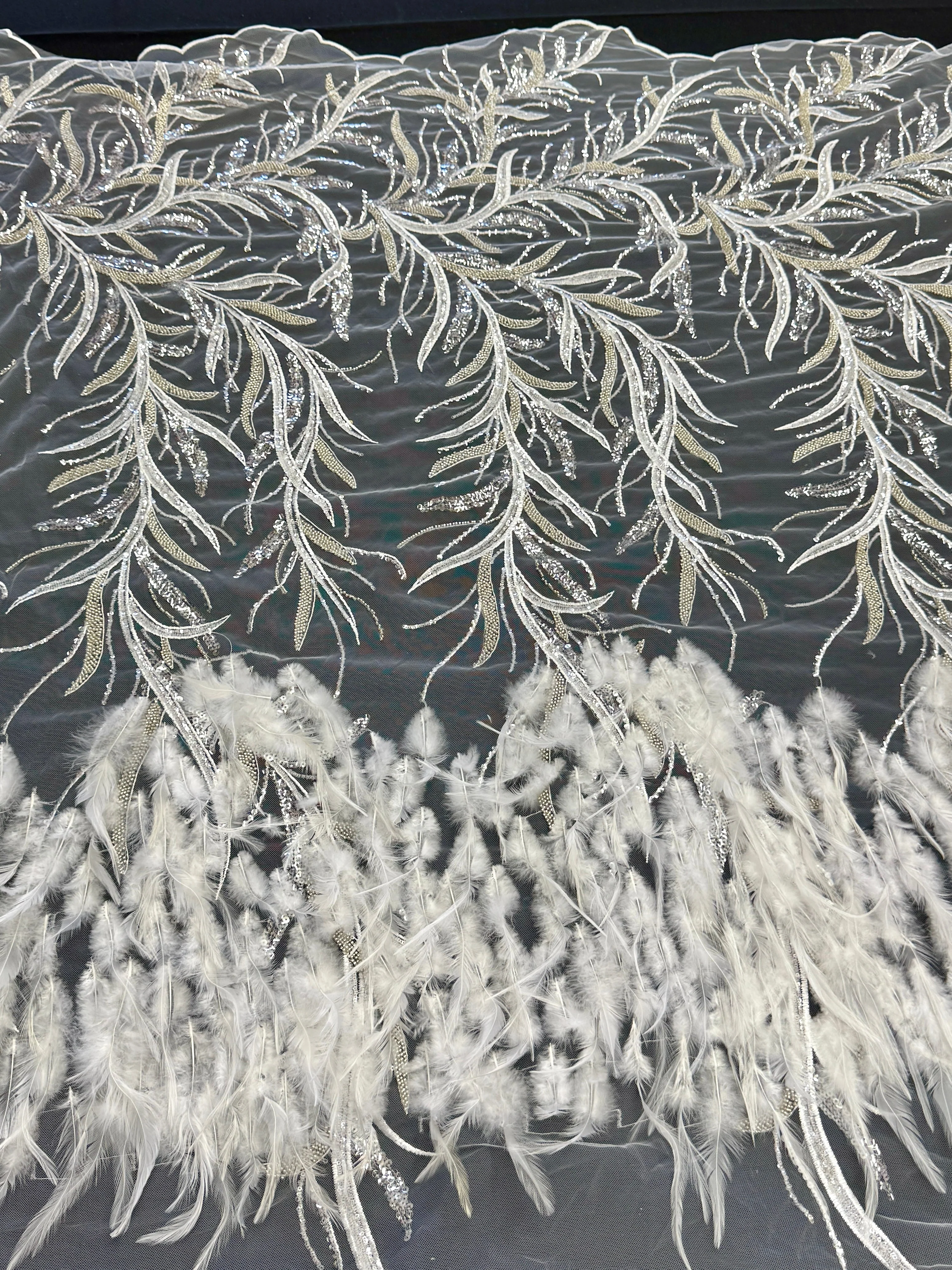 Off White Feather Sequin Embroidered Scalloped Lace