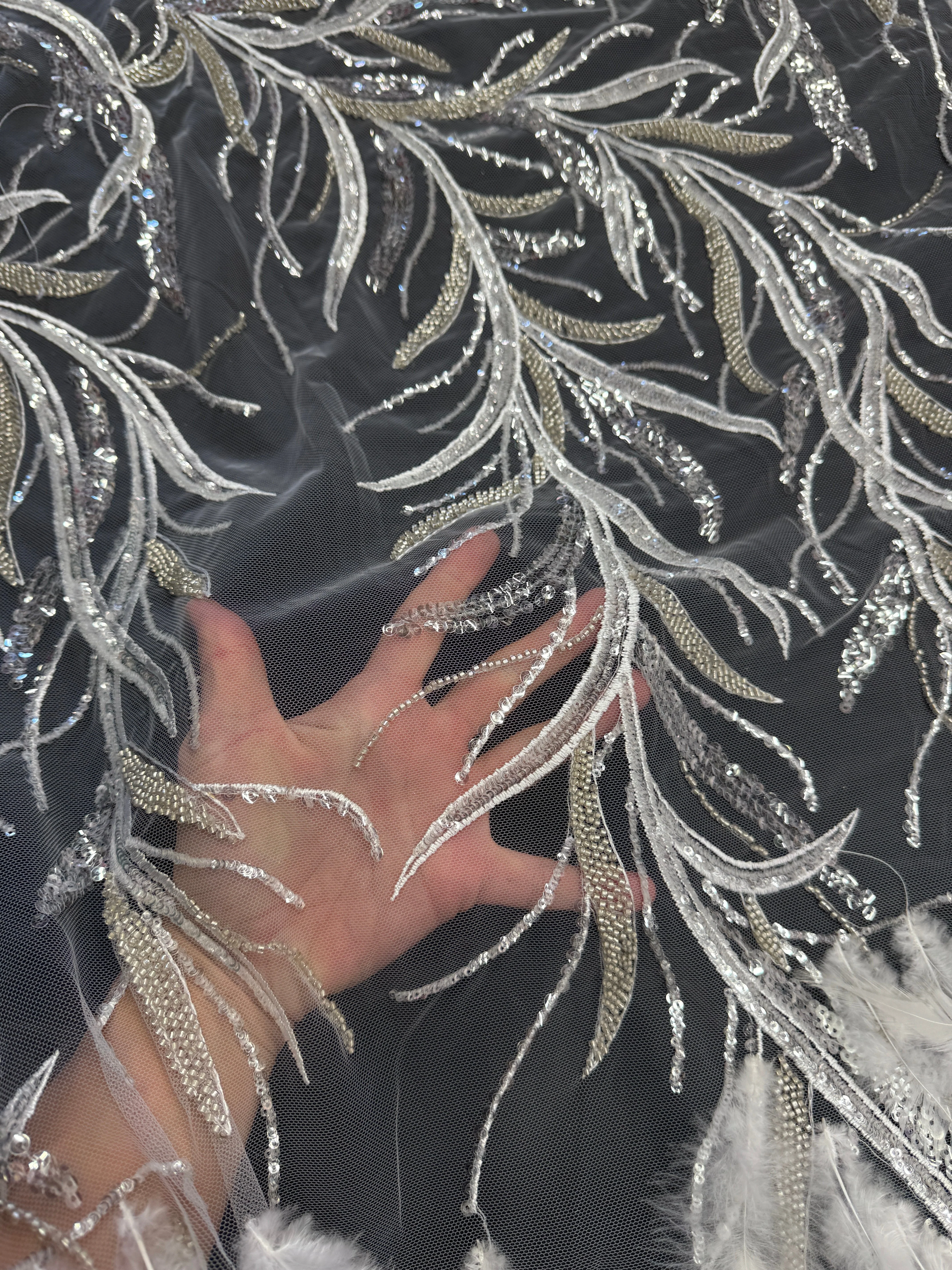 Off White Feather Sequin Embroidered Scalloped Lace - Image 2