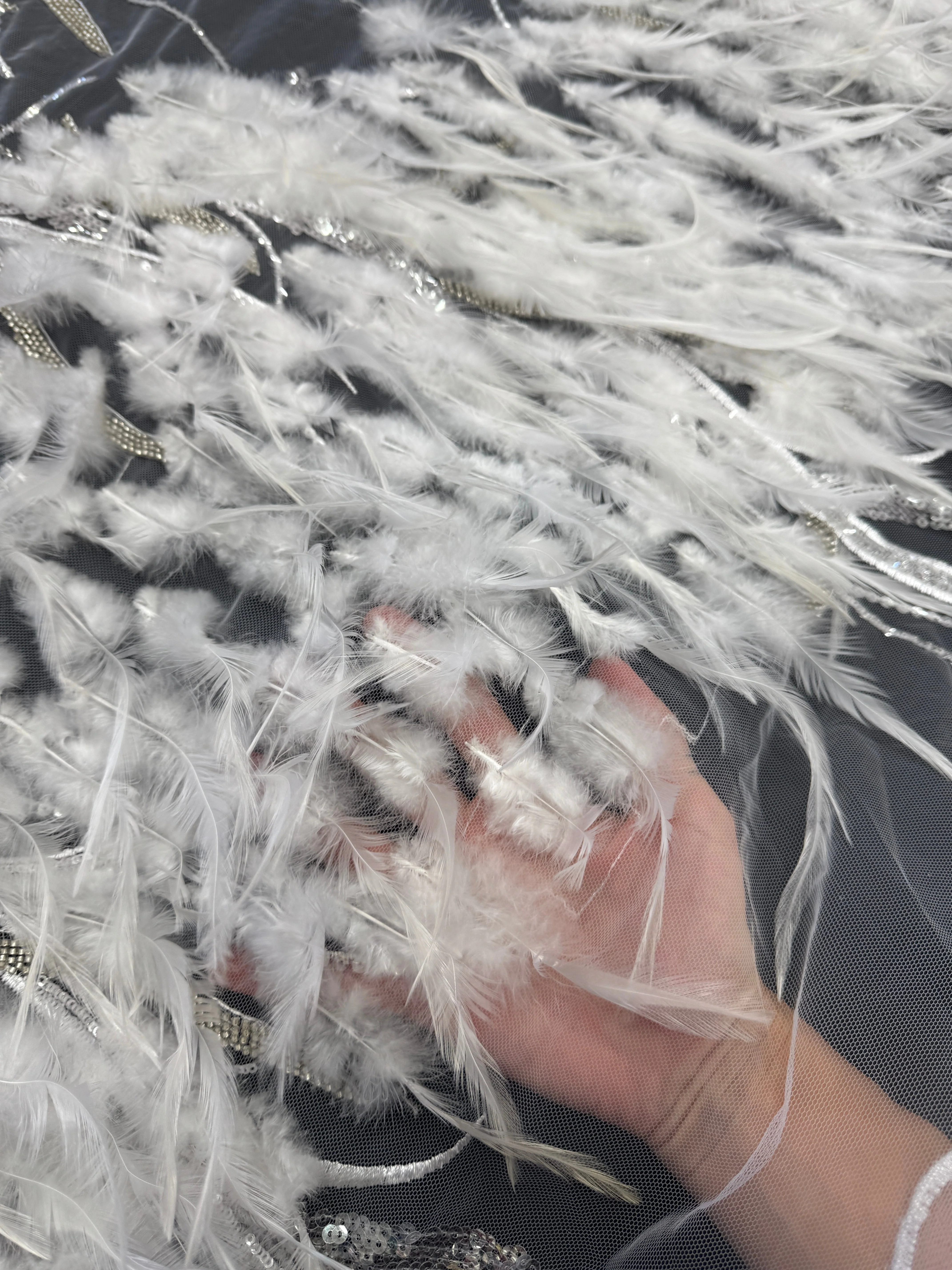 Off White Feather Sequin Embroidered Scalloped Lace - Image 3