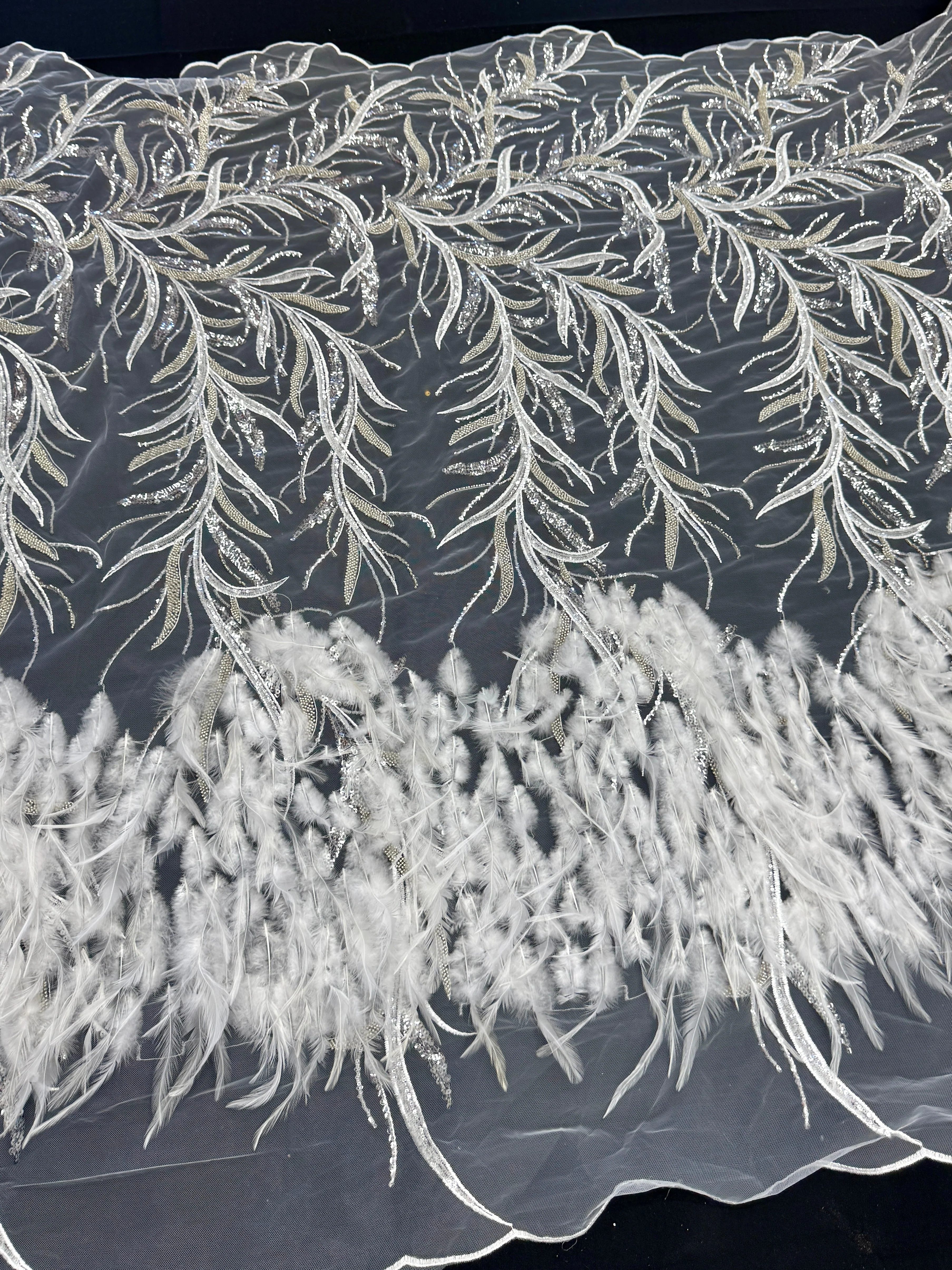 Off White Feather Sequin Embroidered Scalloped Lace - Image 4