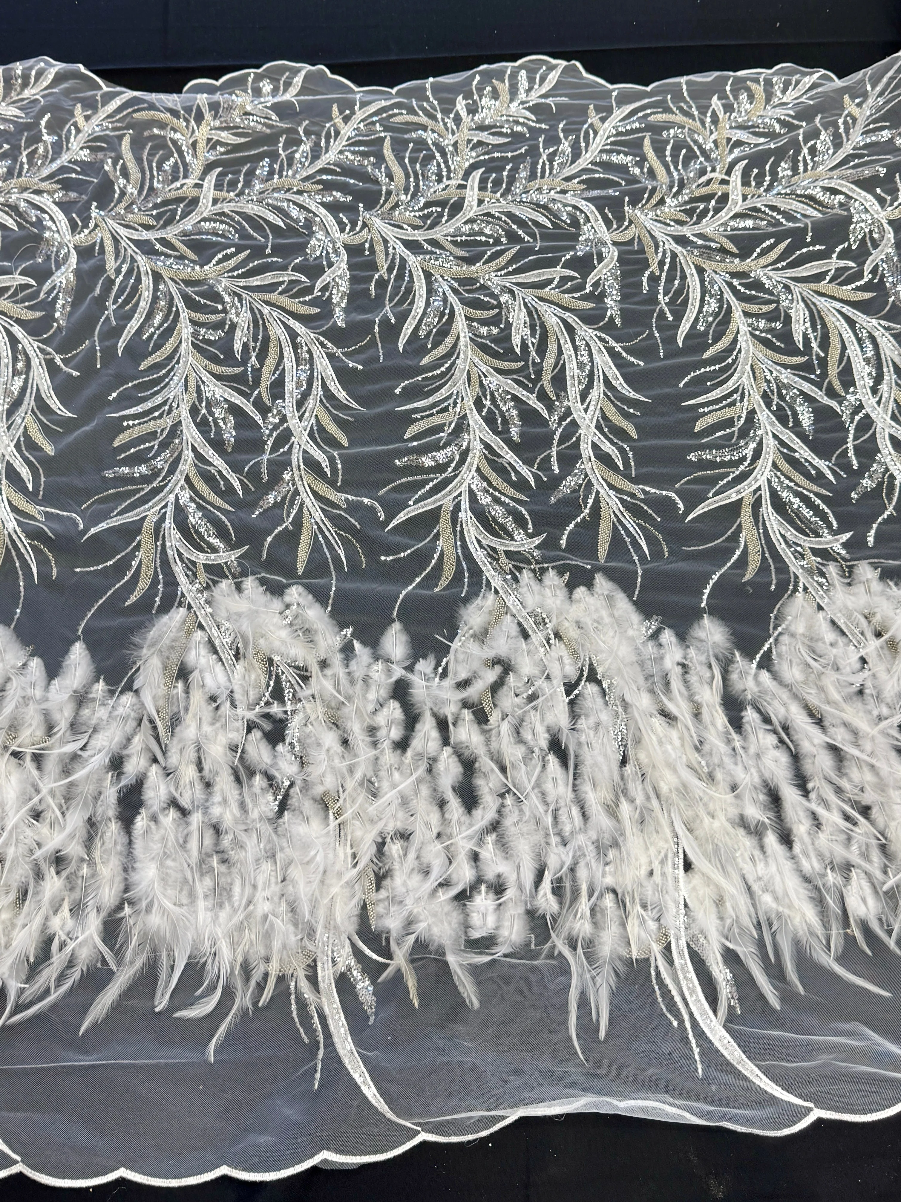 Off White Feather Sequin Embroidered Scalloped Lace - Image 6