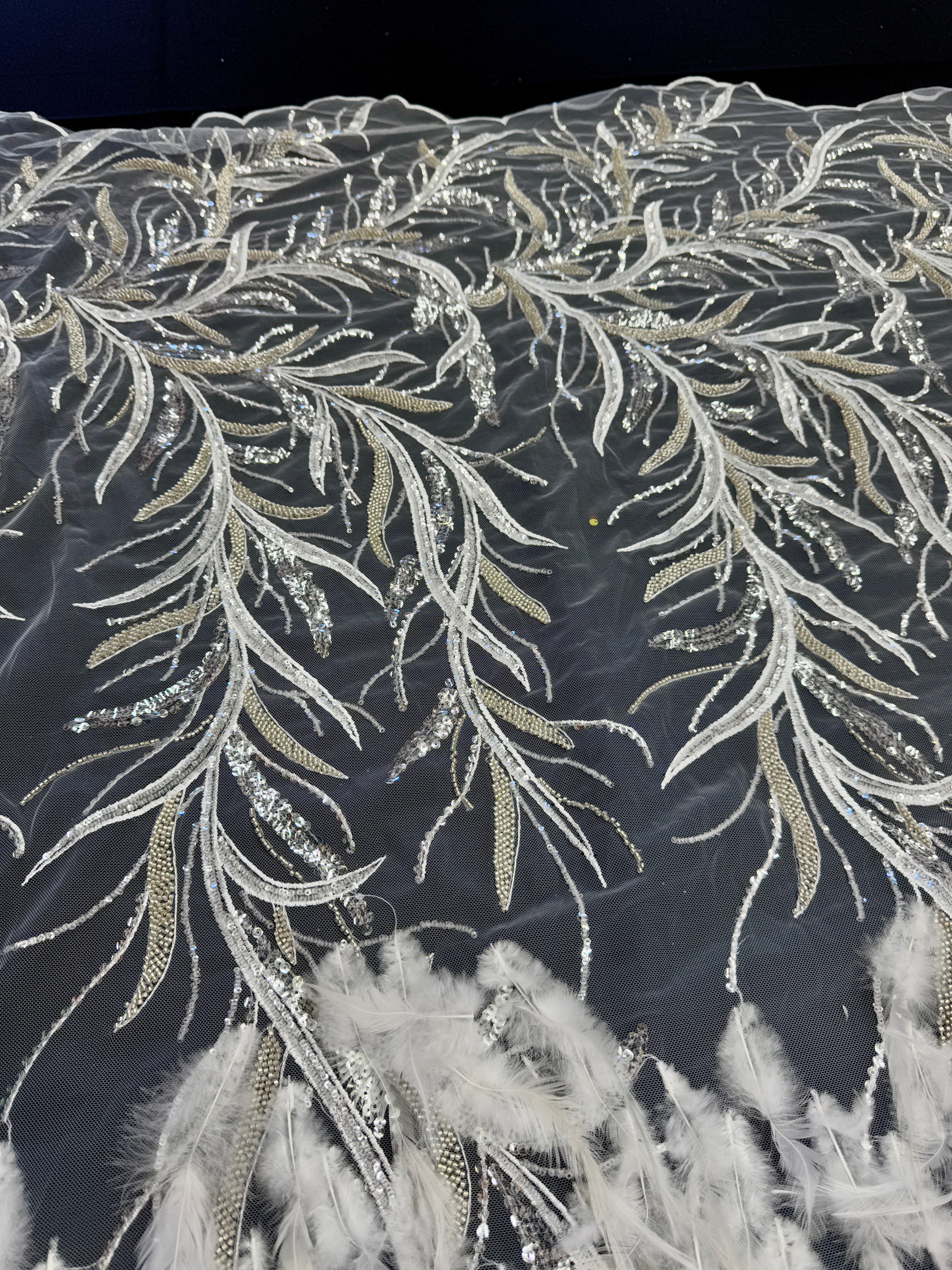 Off White Feather Sequin Embroidered Scalloped Lace - Image 7
