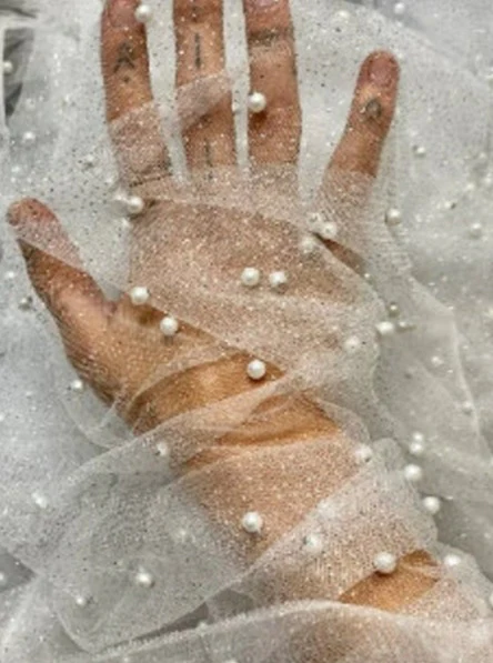 Ivory Pearl Beaded Glittery Mesh/Tulle