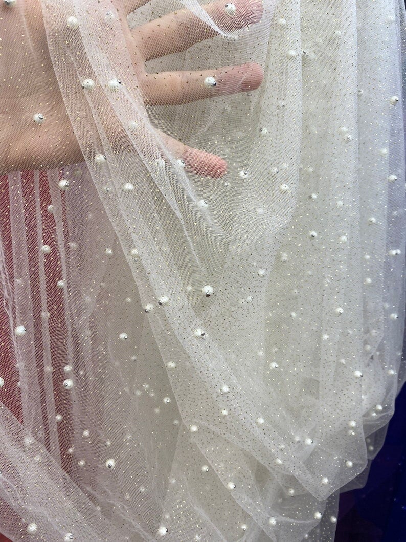 Ivory Pearl Beaded Glittery Mesh/Tulle - Image 5