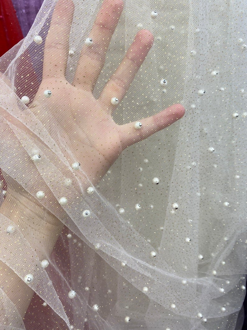 Ivory Pearl Beaded Glittery Mesh/Tulle - Image 6