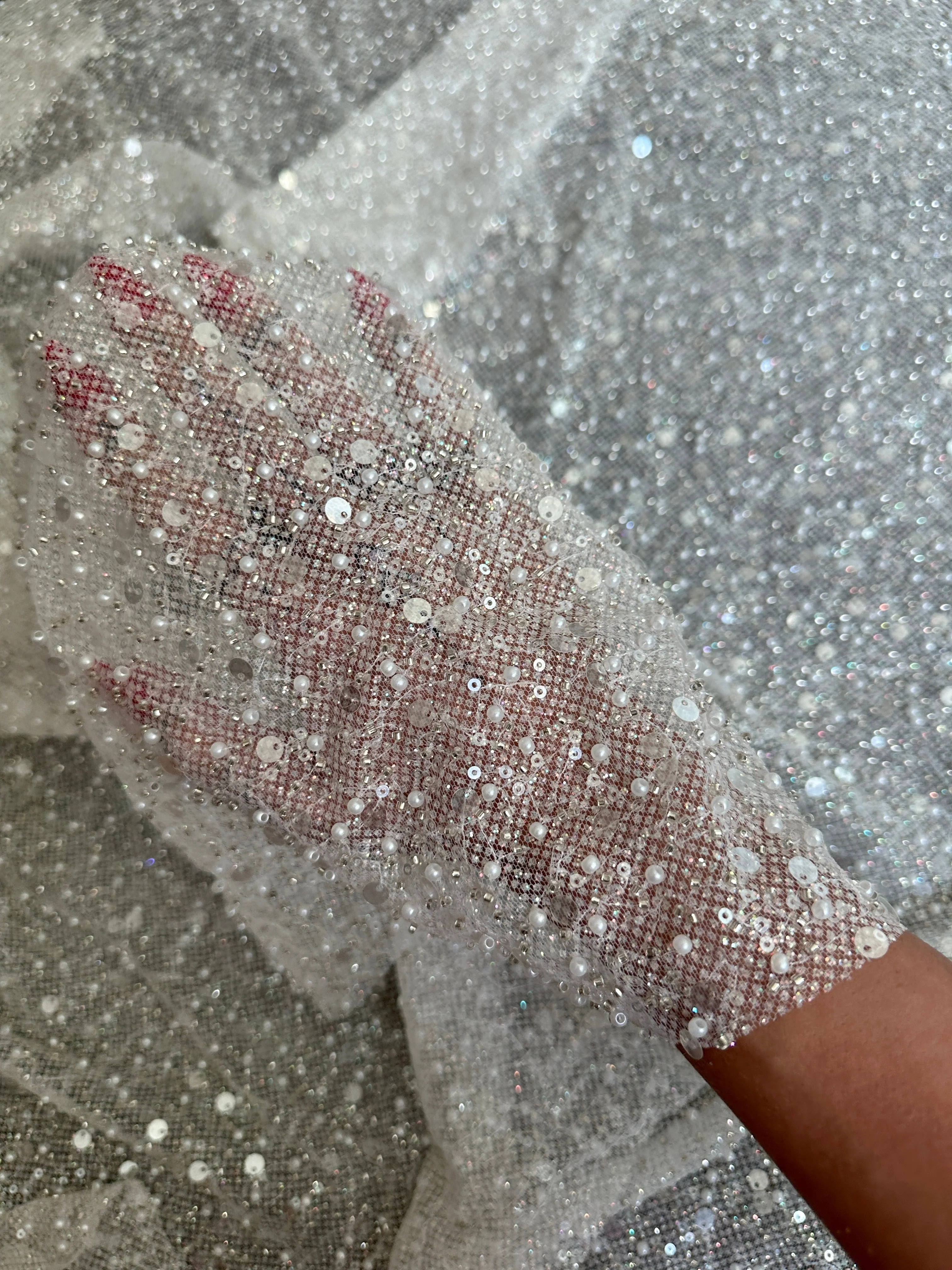 Off White Sequin Pearl Beaded Mesh