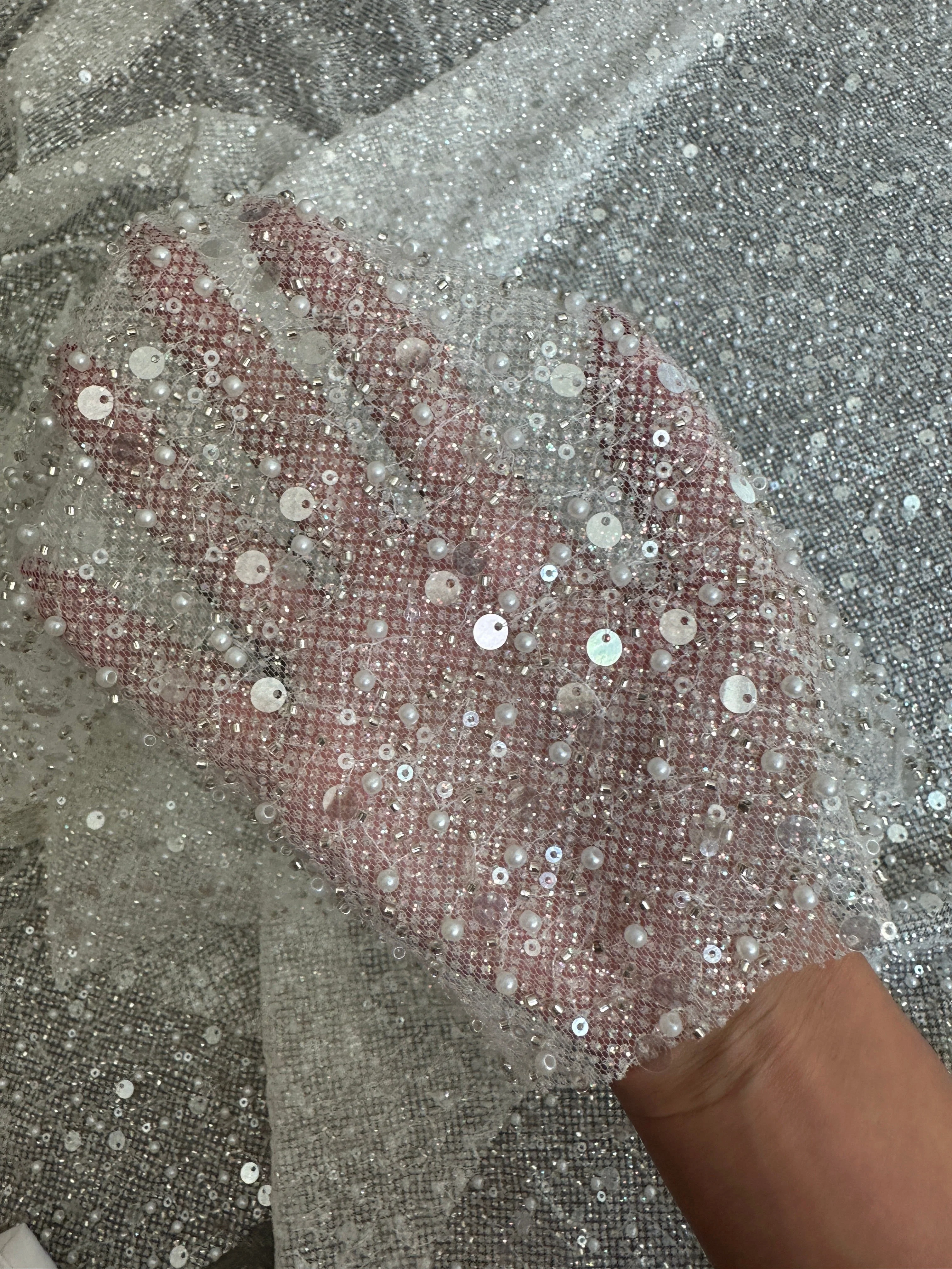 Off White Sequin Pearl Beaded Mesh - Image 10