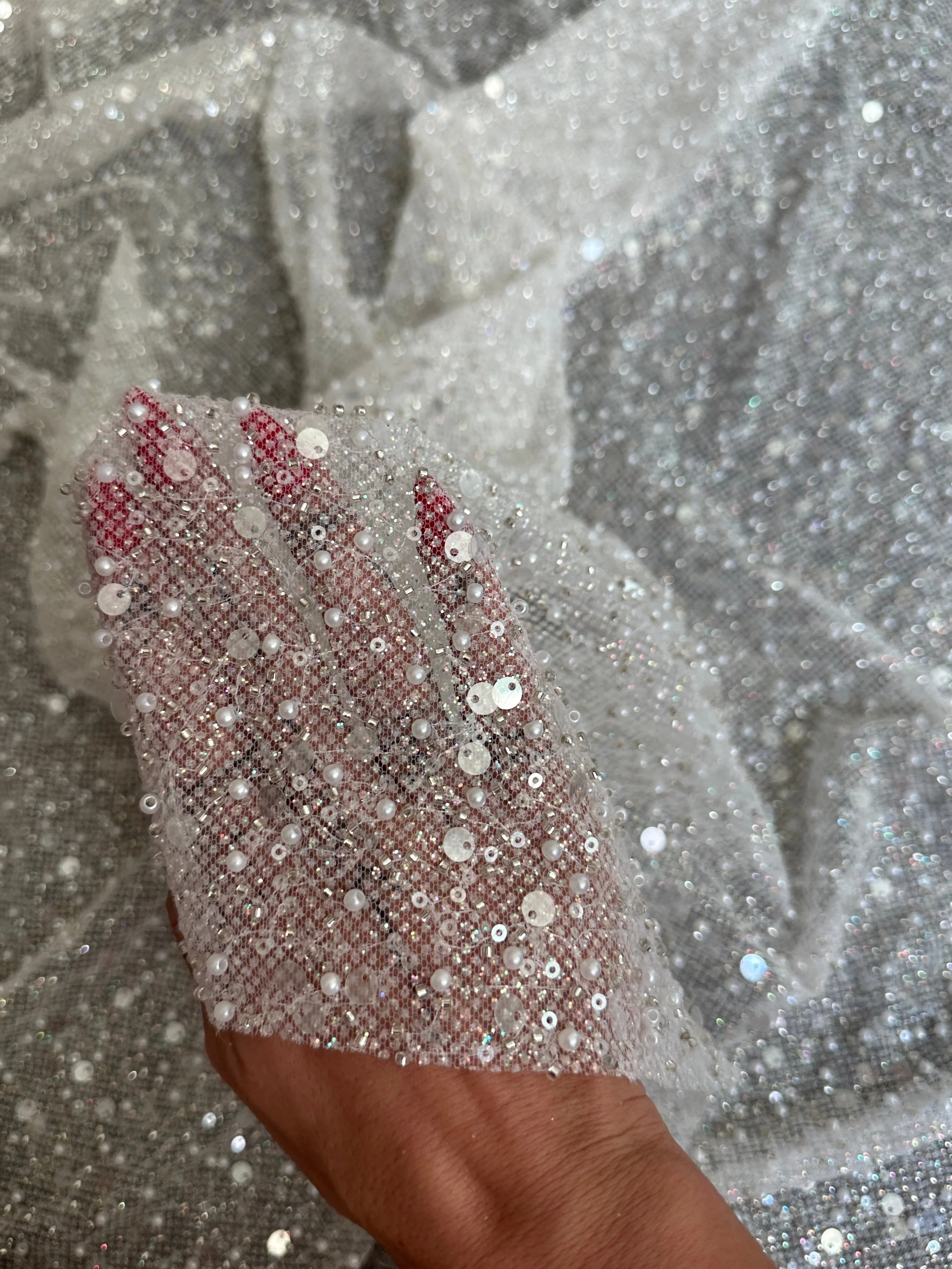 Off White Sequin Pearl Beaded Mesh - Image 6