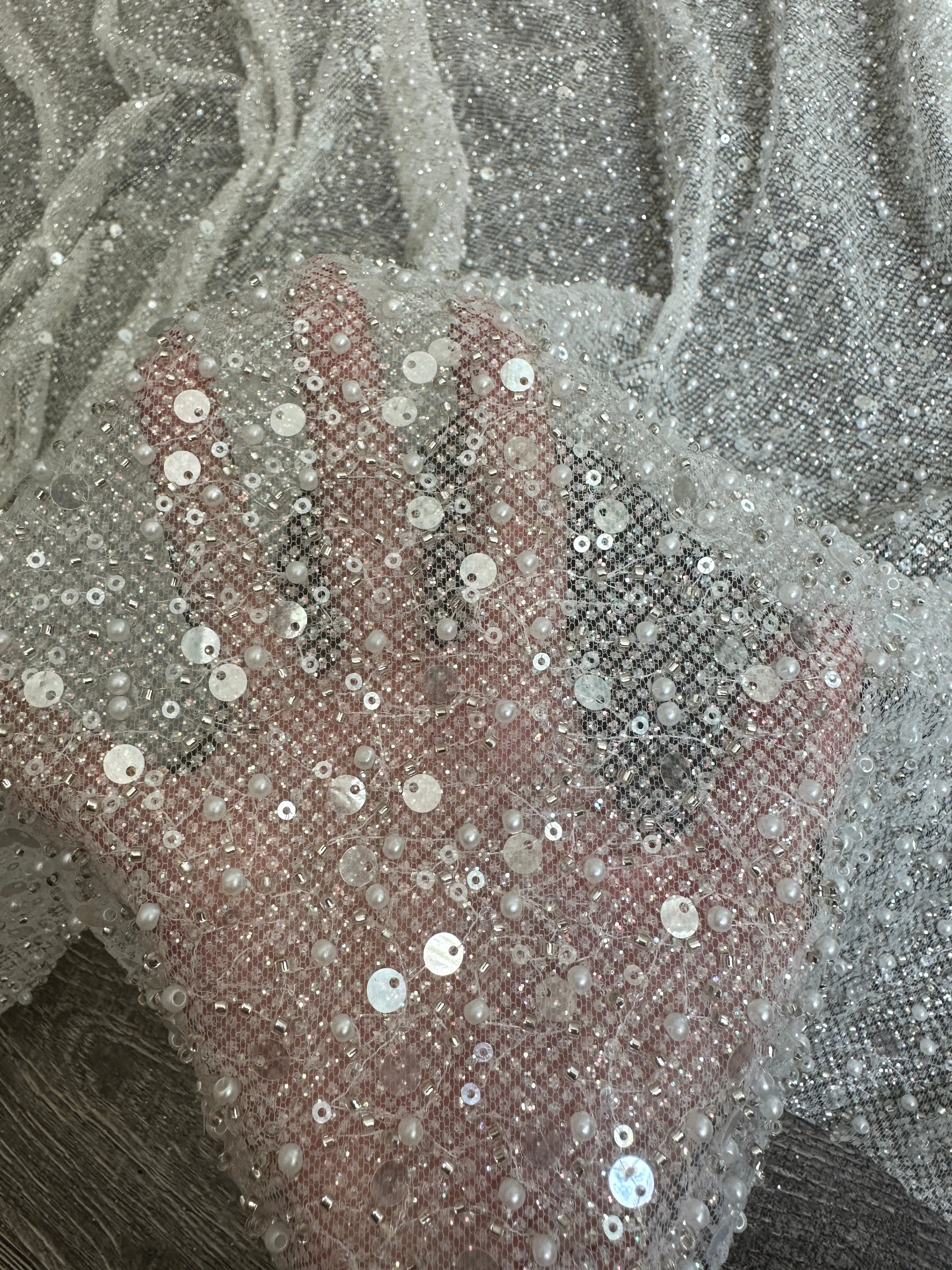 Off White Sequin Pearl Beaded Mesh - Image 8