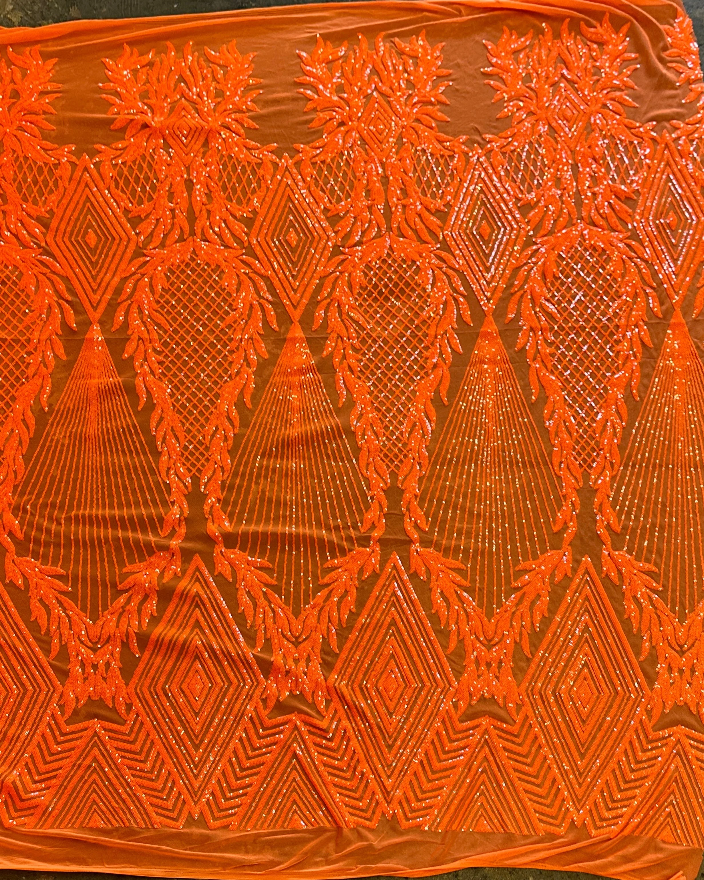 Orange Embroidered Curlicue Sequins on Mesh