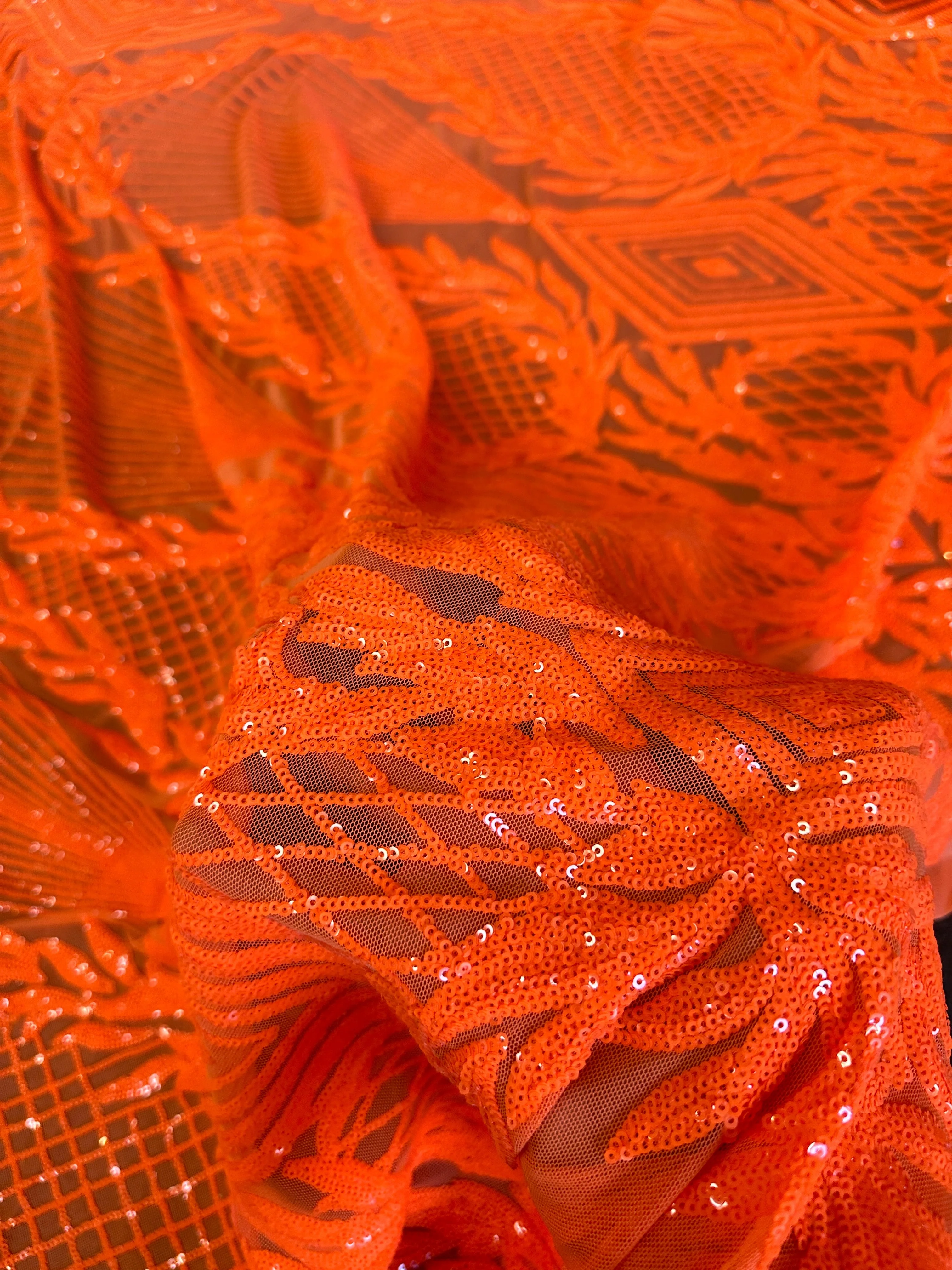 Orange Embroidered Curlicue Sequins on Mesh - Image 10