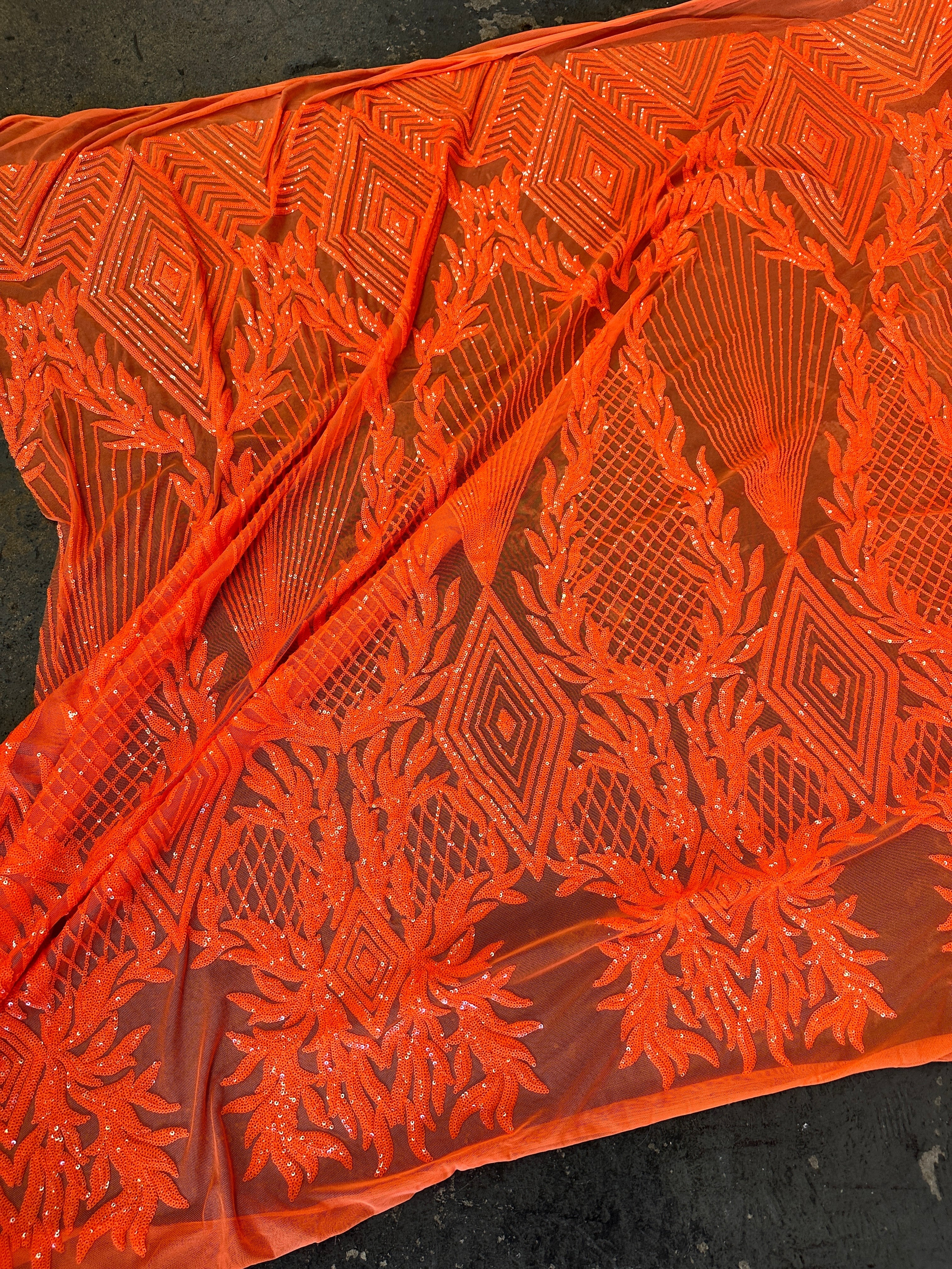 Orange Embroidered Curlicue Sequins on Mesh - Image 11