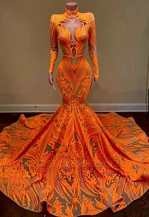 Orange Embroidered Curlicue Sequins on Mesh - Image 12