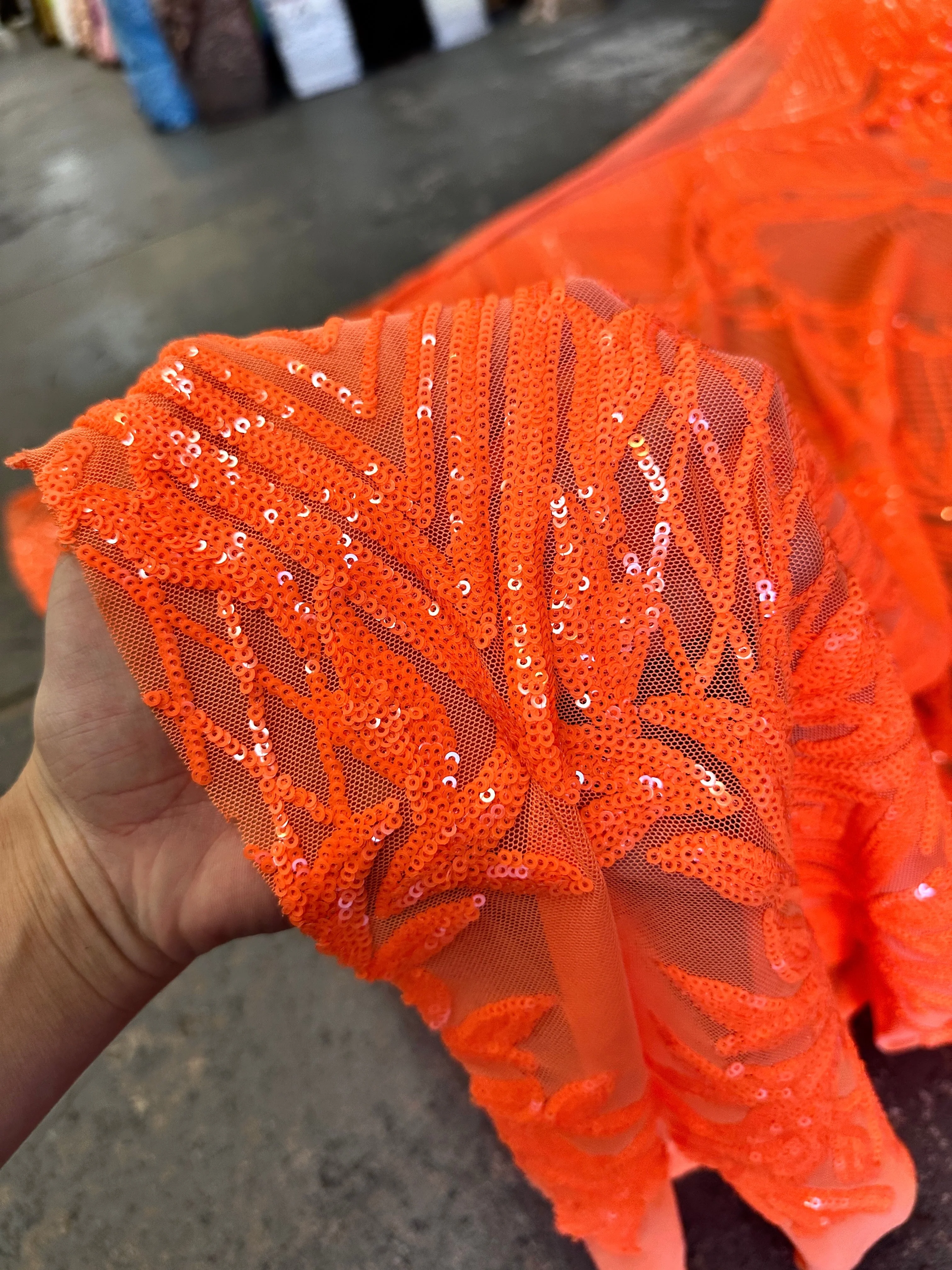 Orange Embroidered Curlicue Sequins on Mesh - Image 3