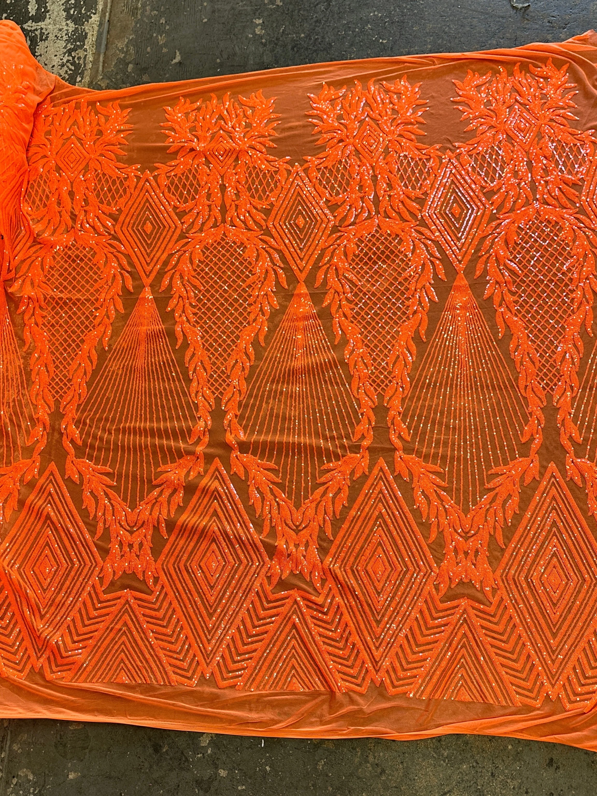 Orange Embroidered Curlicue Sequins on Mesh - Image 4