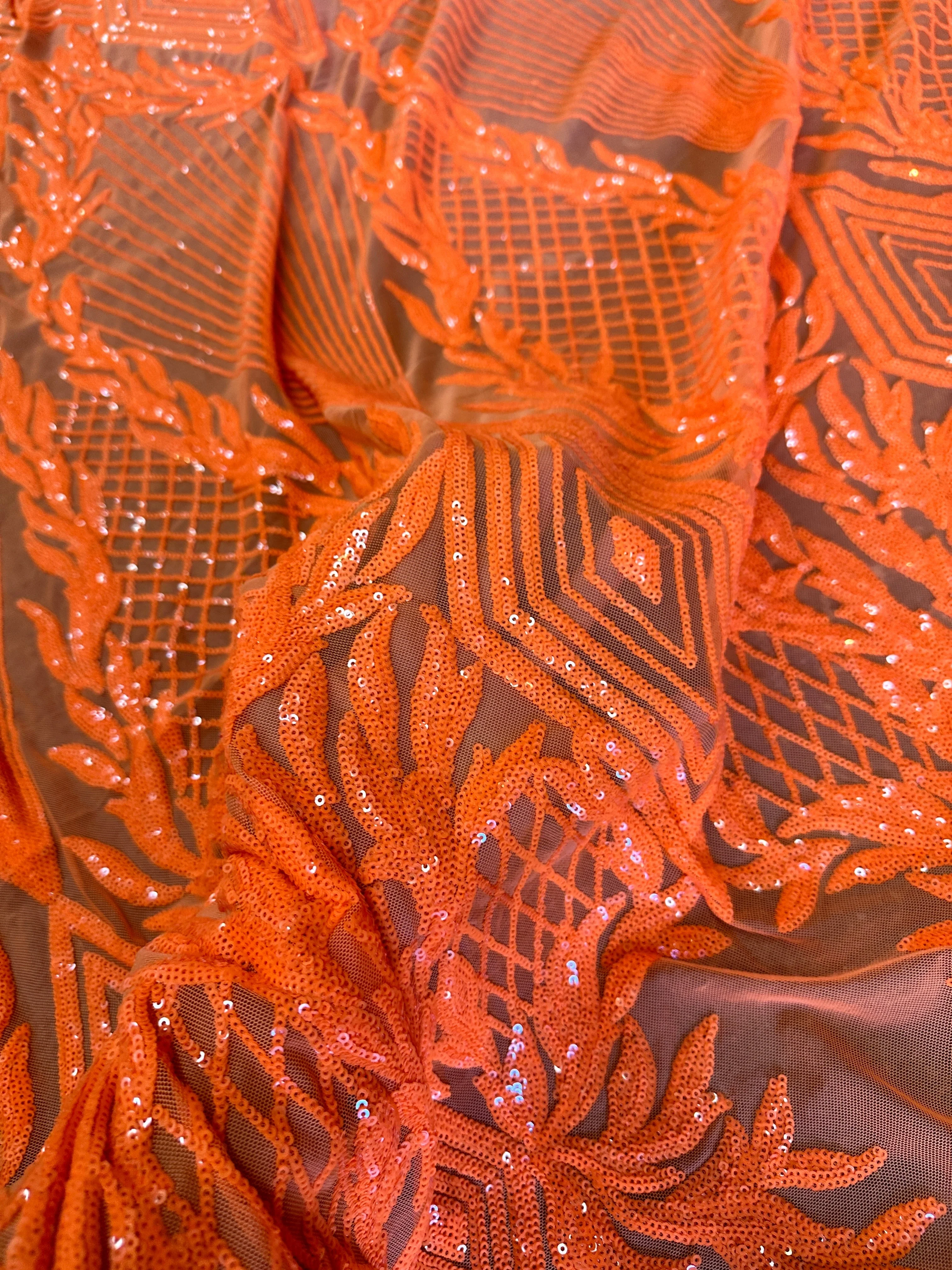 Orange Embroidered Curlicue Sequins on Mesh - Image 5