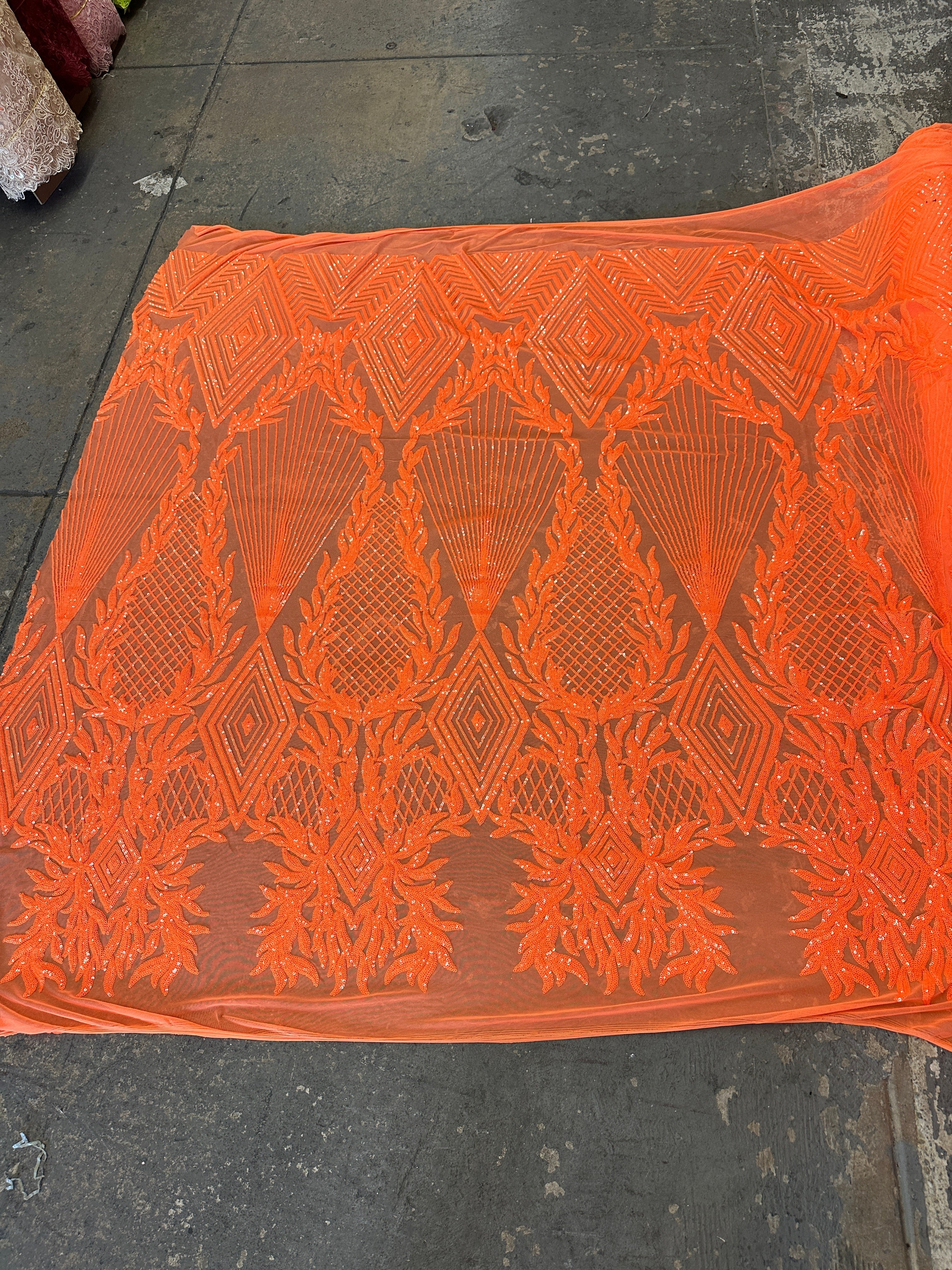 Orange Embroidered Curlicue Sequins on Mesh - Image 6