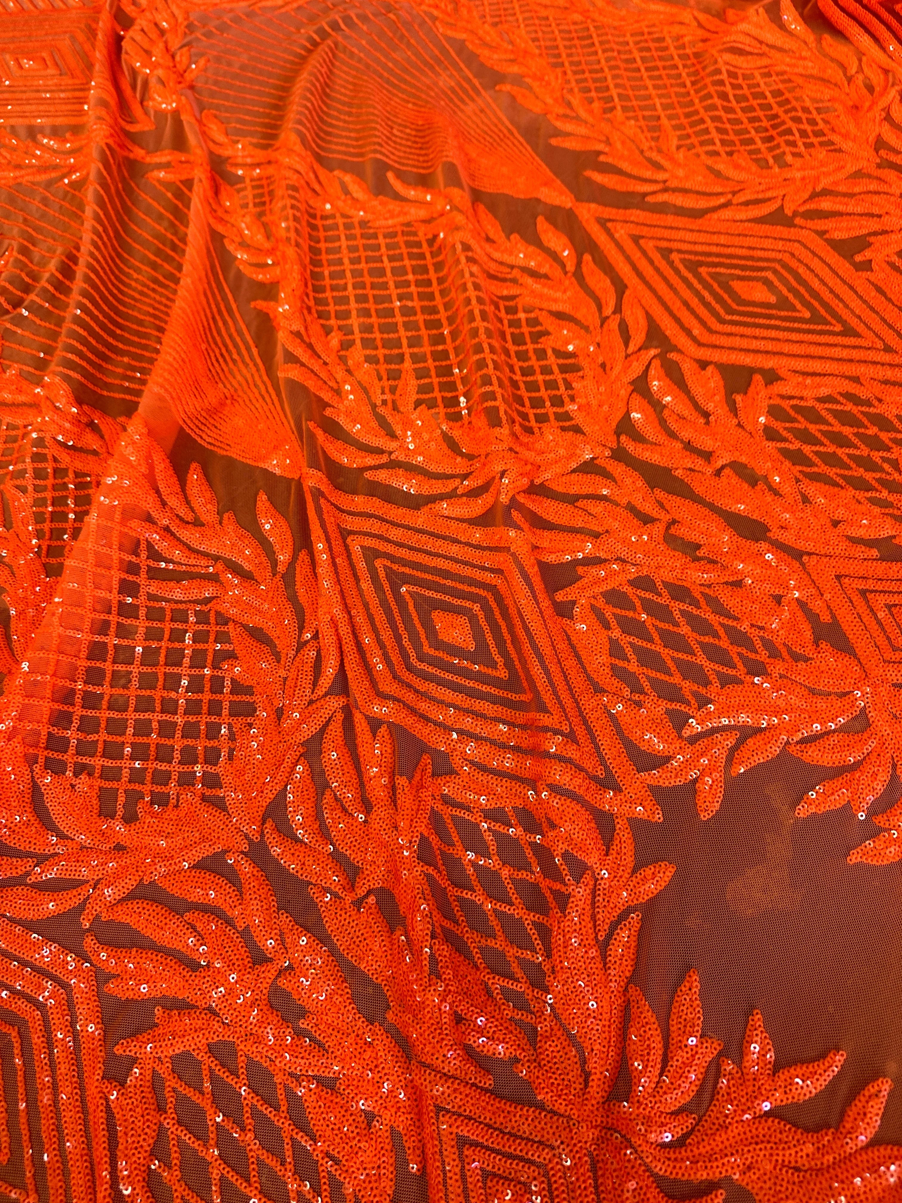 Orange Embroidered Curlicue Sequins on Mesh - Image 7