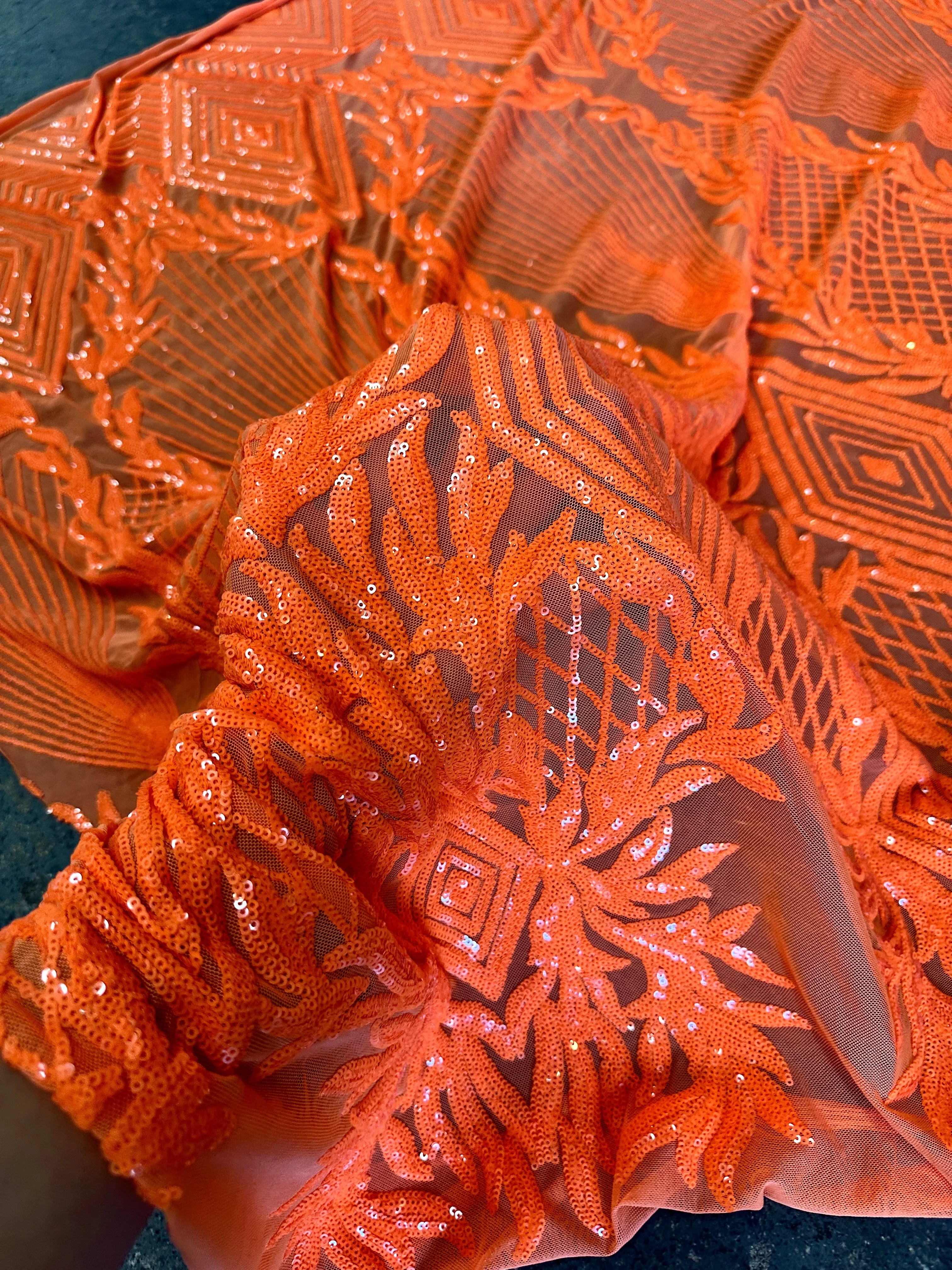 Orange Embroidered Curlicue Sequins on Mesh - Image 8