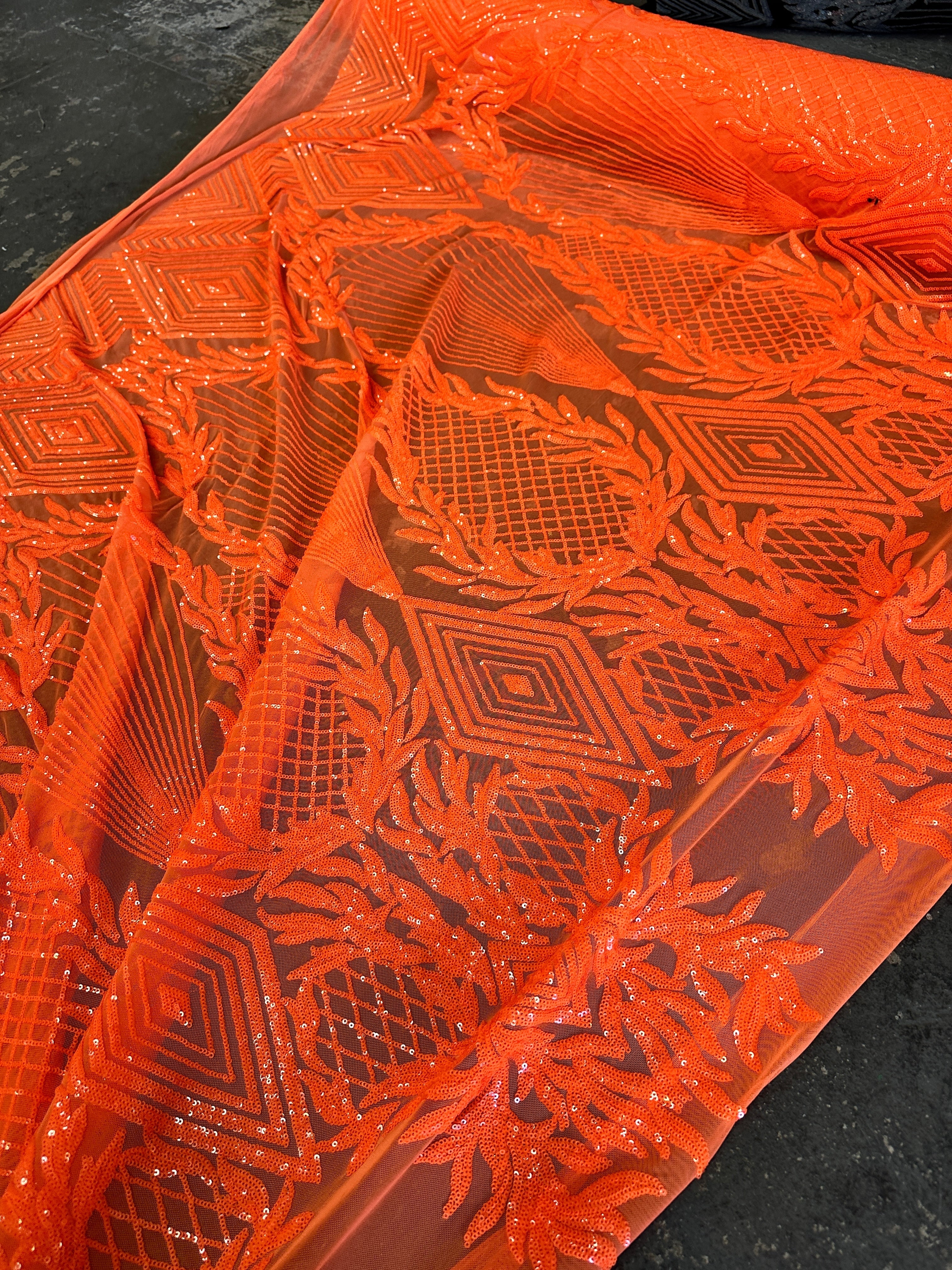 Orange Embroidered Curlicue Sequins on Mesh - Image 9