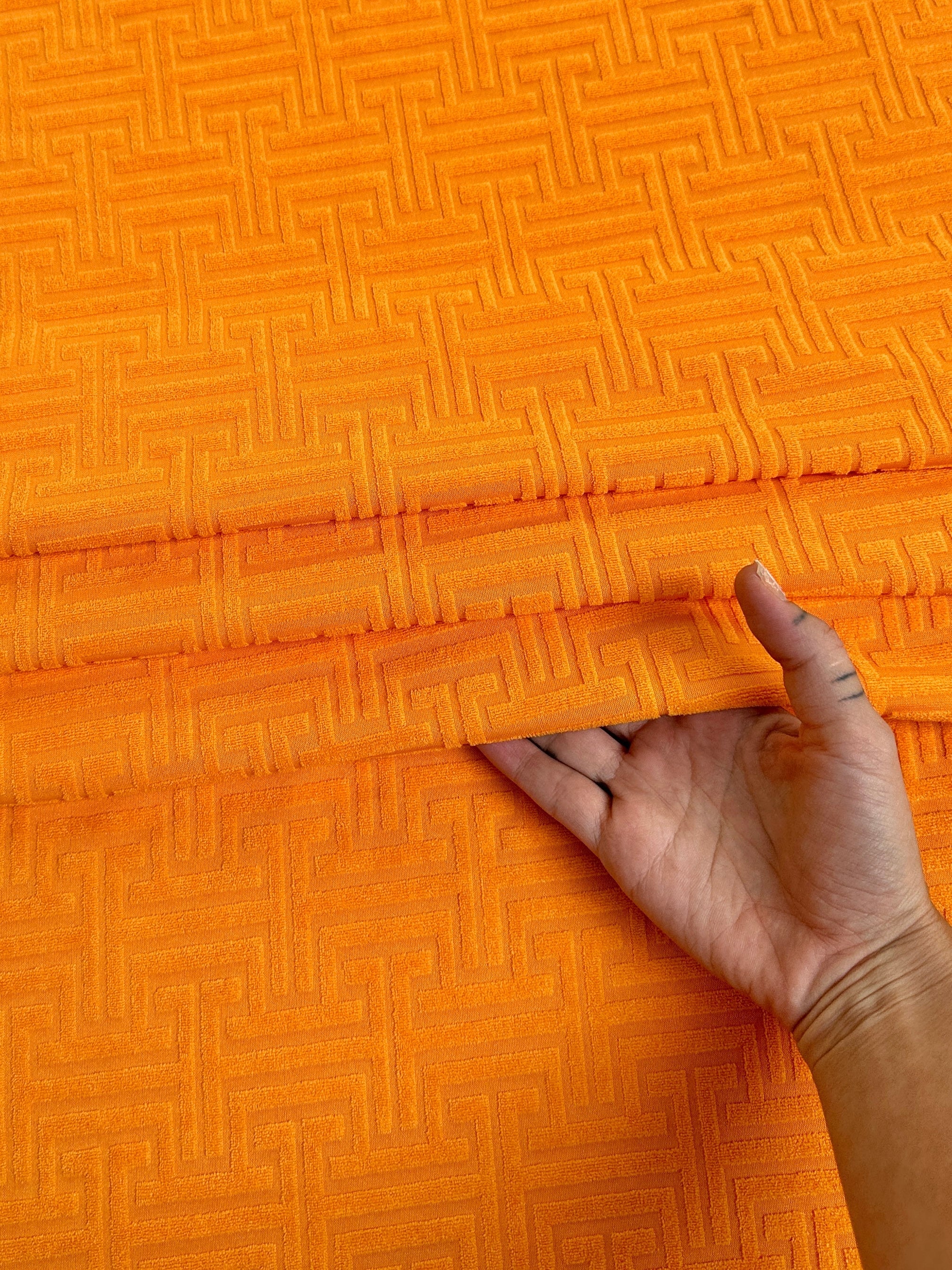Orange Textured Geometric Pattern Jersey Knit - Image 10