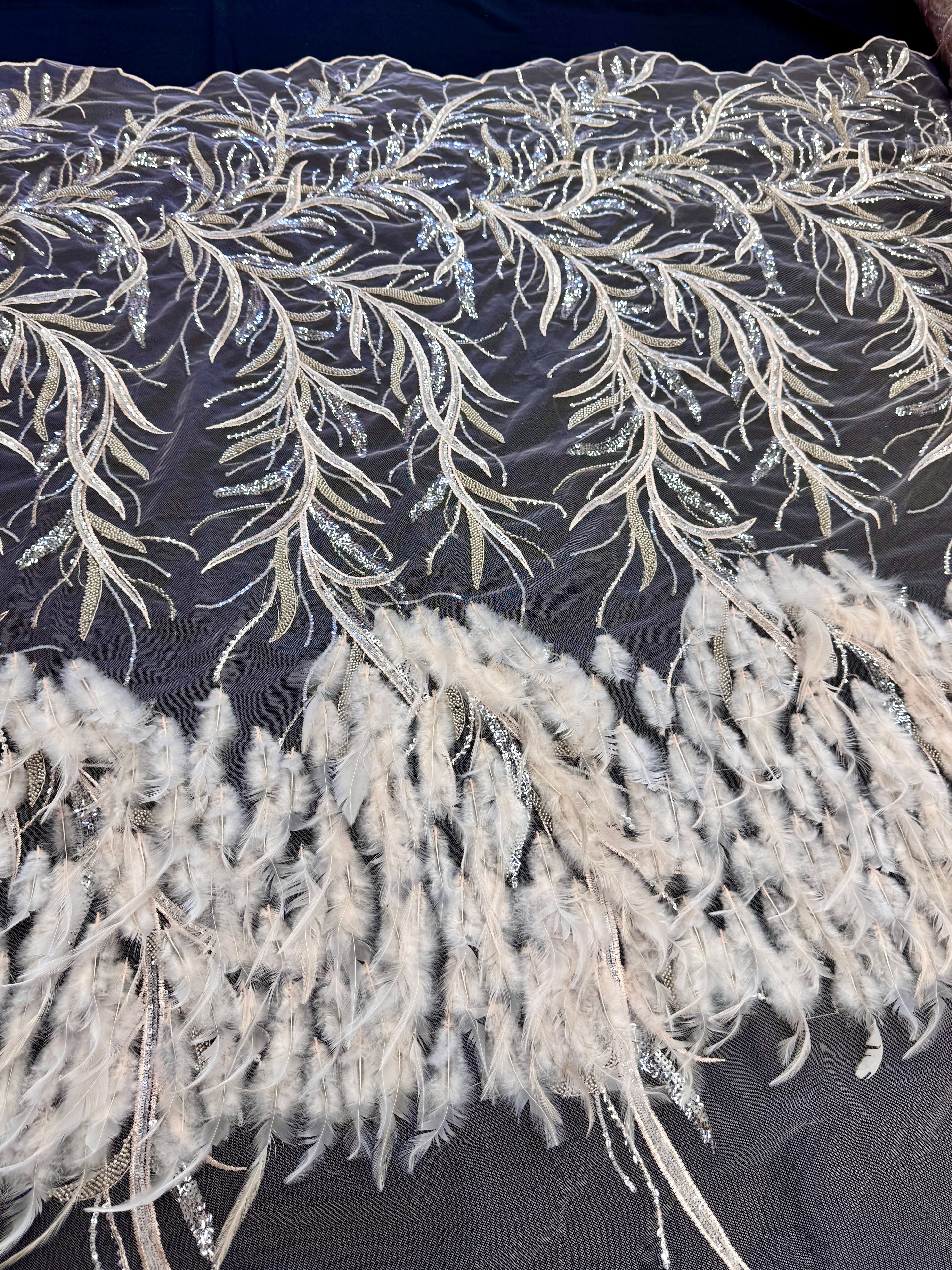 Pale Blush Feather Sequin Embroidered Scalloped Lace