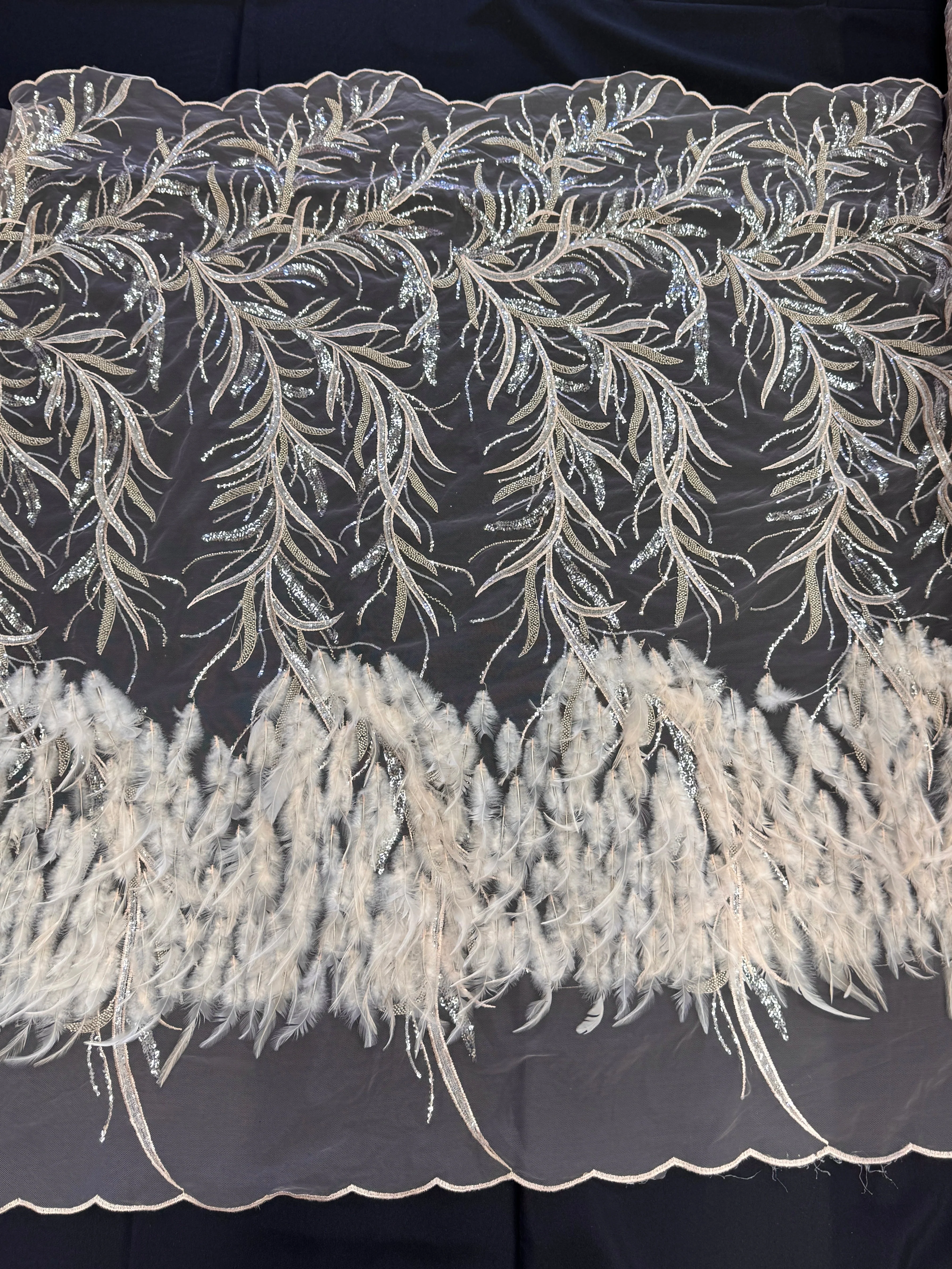 Pale Blush Feather Sequin Embroidered Scalloped Lace - Image 2