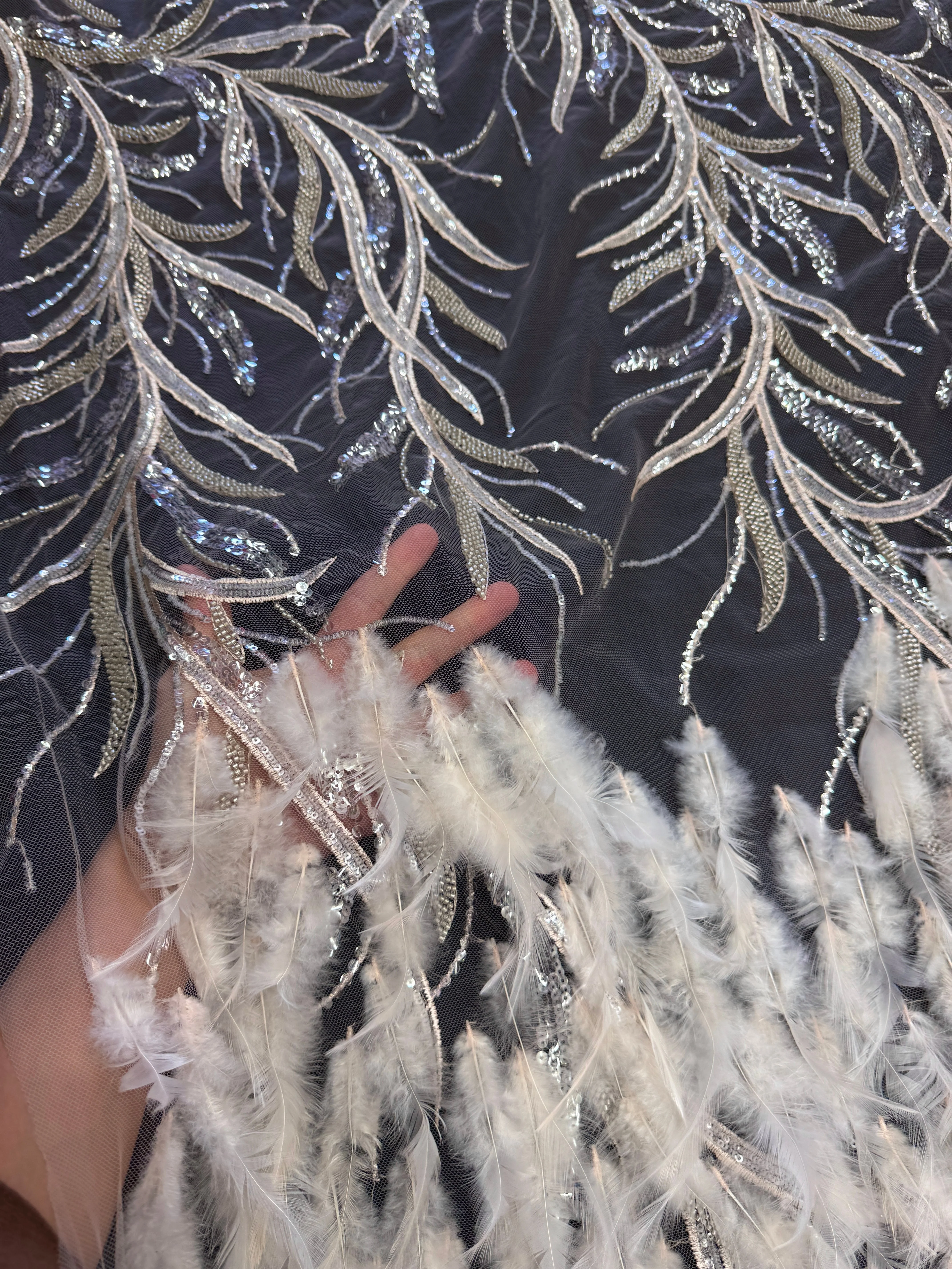 Pale Blush Feather Sequin Embroidered Scalloped Lace - Image 3