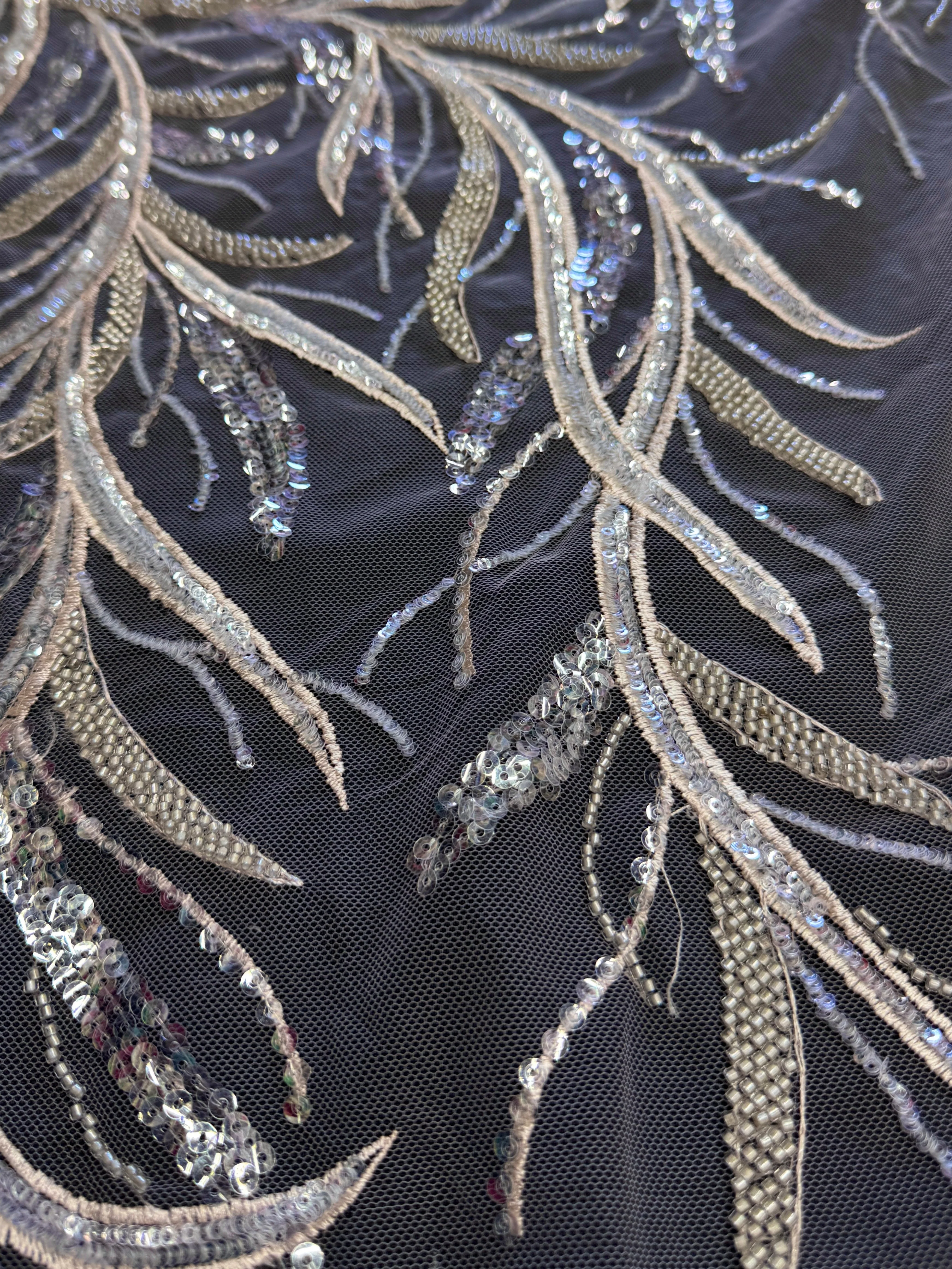 Pale Blush Feather Sequin Embroidered Scalloped Lace - Image 5