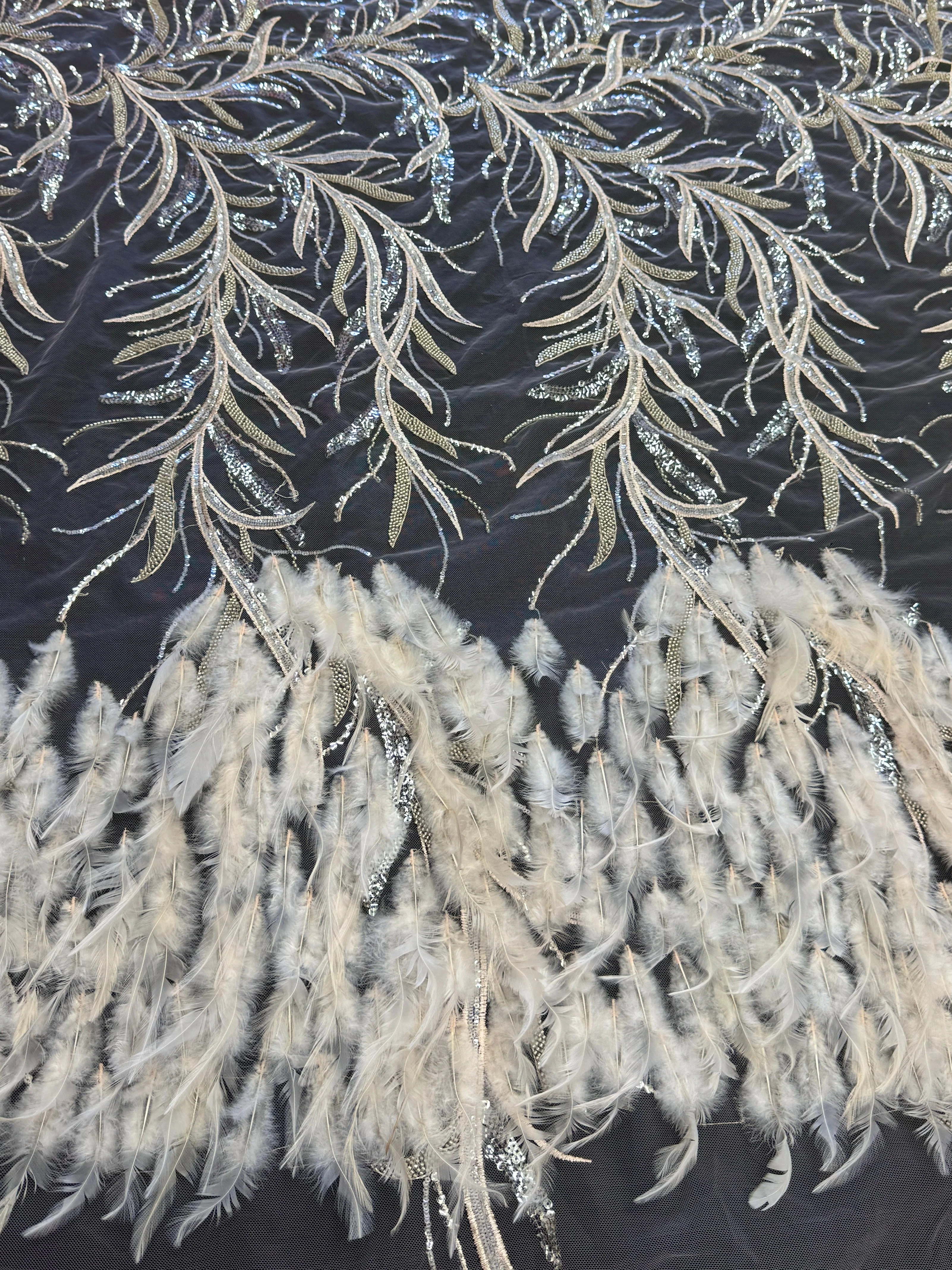 Pale Blush Feather Sequin Embroidered Scalloped Lace - Image 6