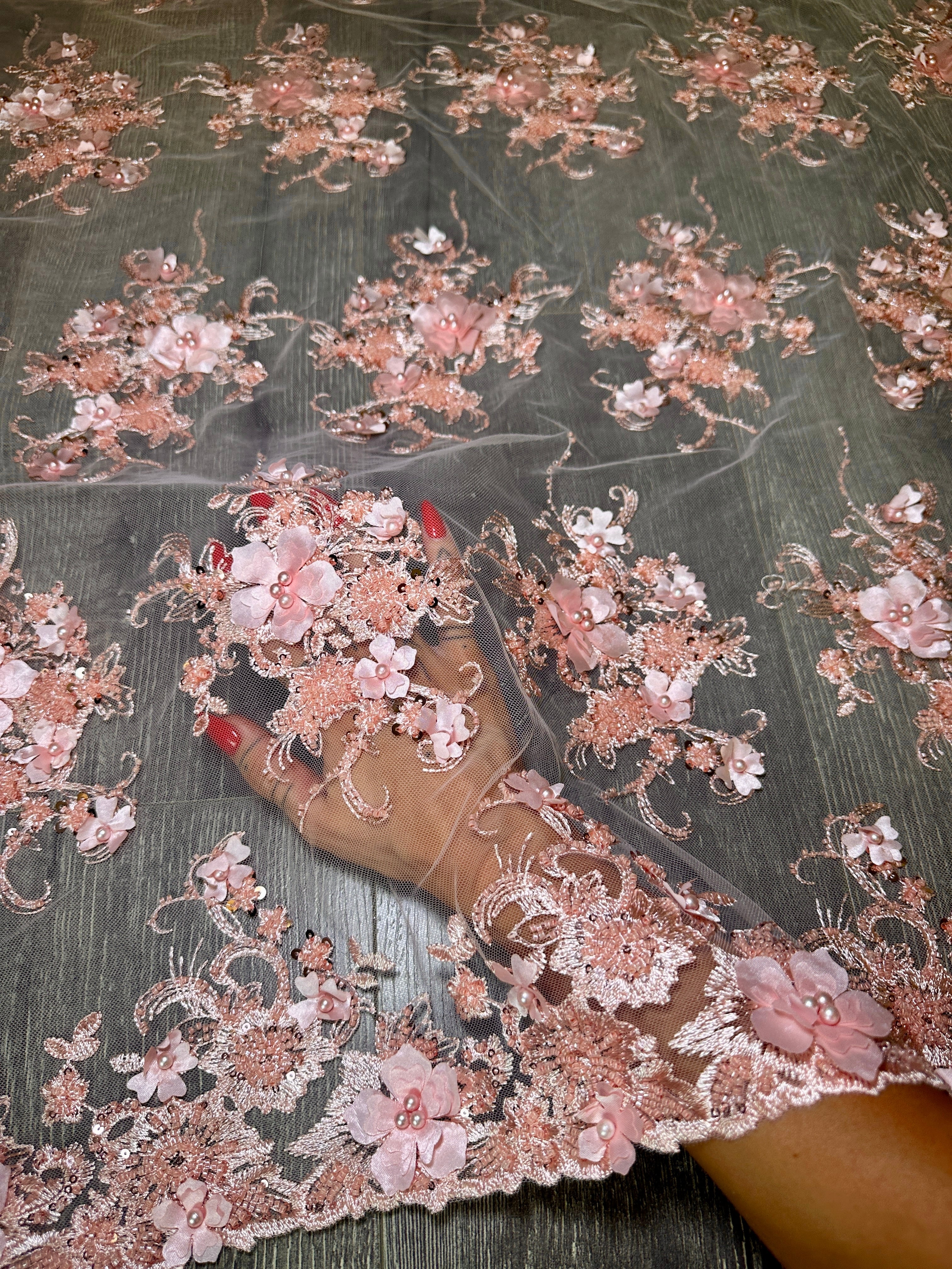 Peach 3D Floral Embroidered Beaded Tulle Lace