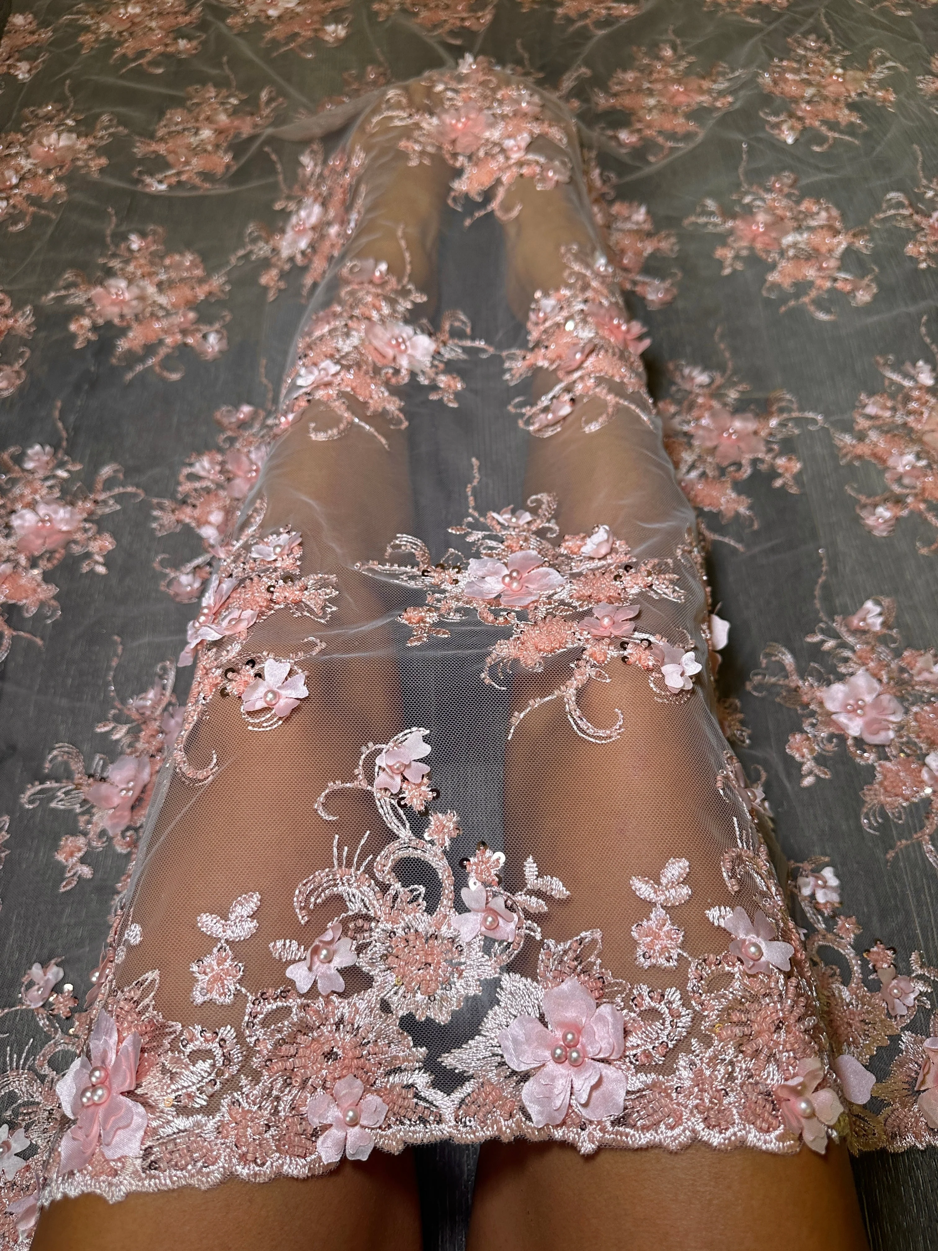 Peach 3D Floral Embroidered Beaded Tulle Lace - Image 6