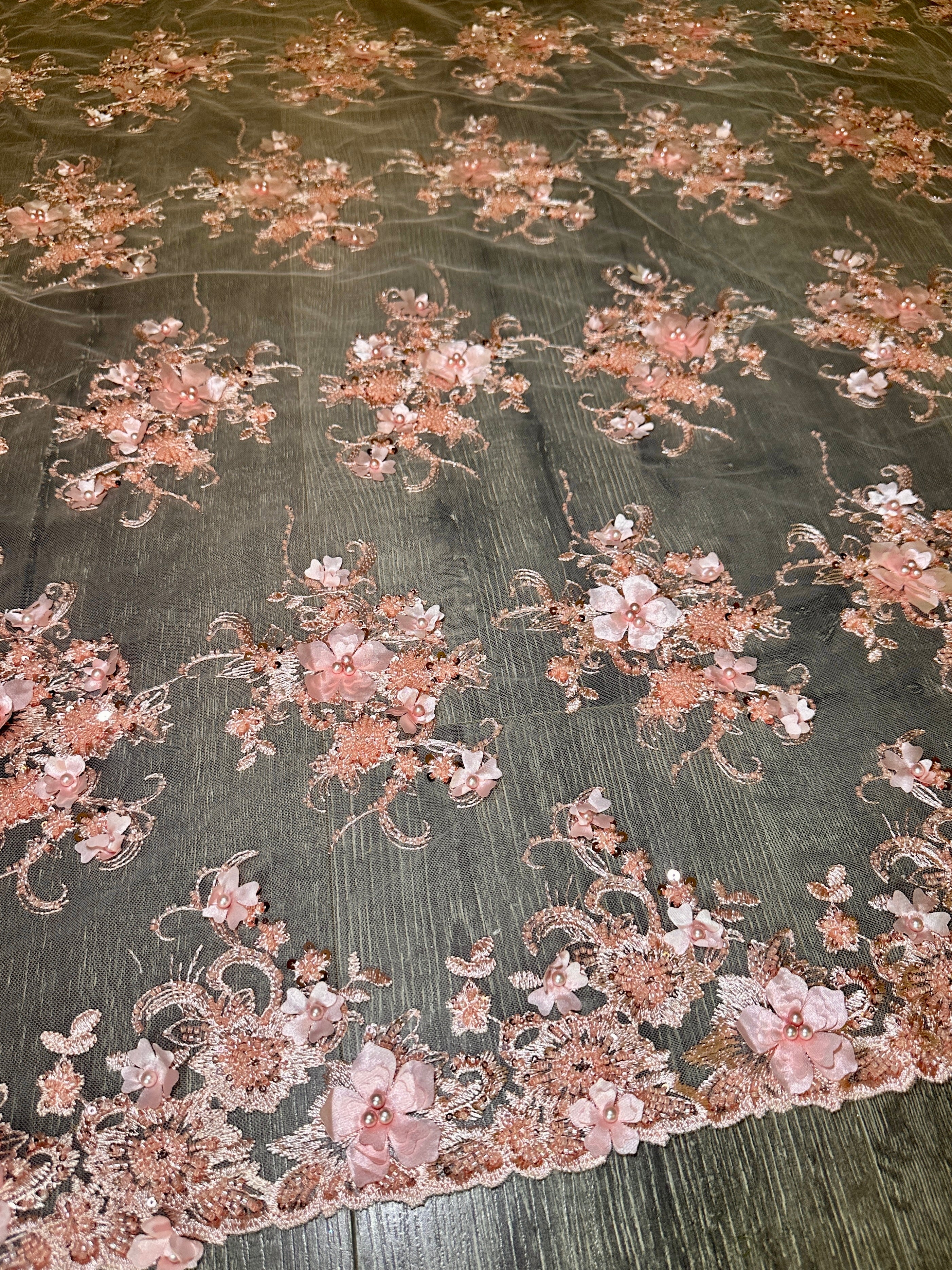 Peach 3D Floral Embroidered Beaded Tulle Lace - Image 2