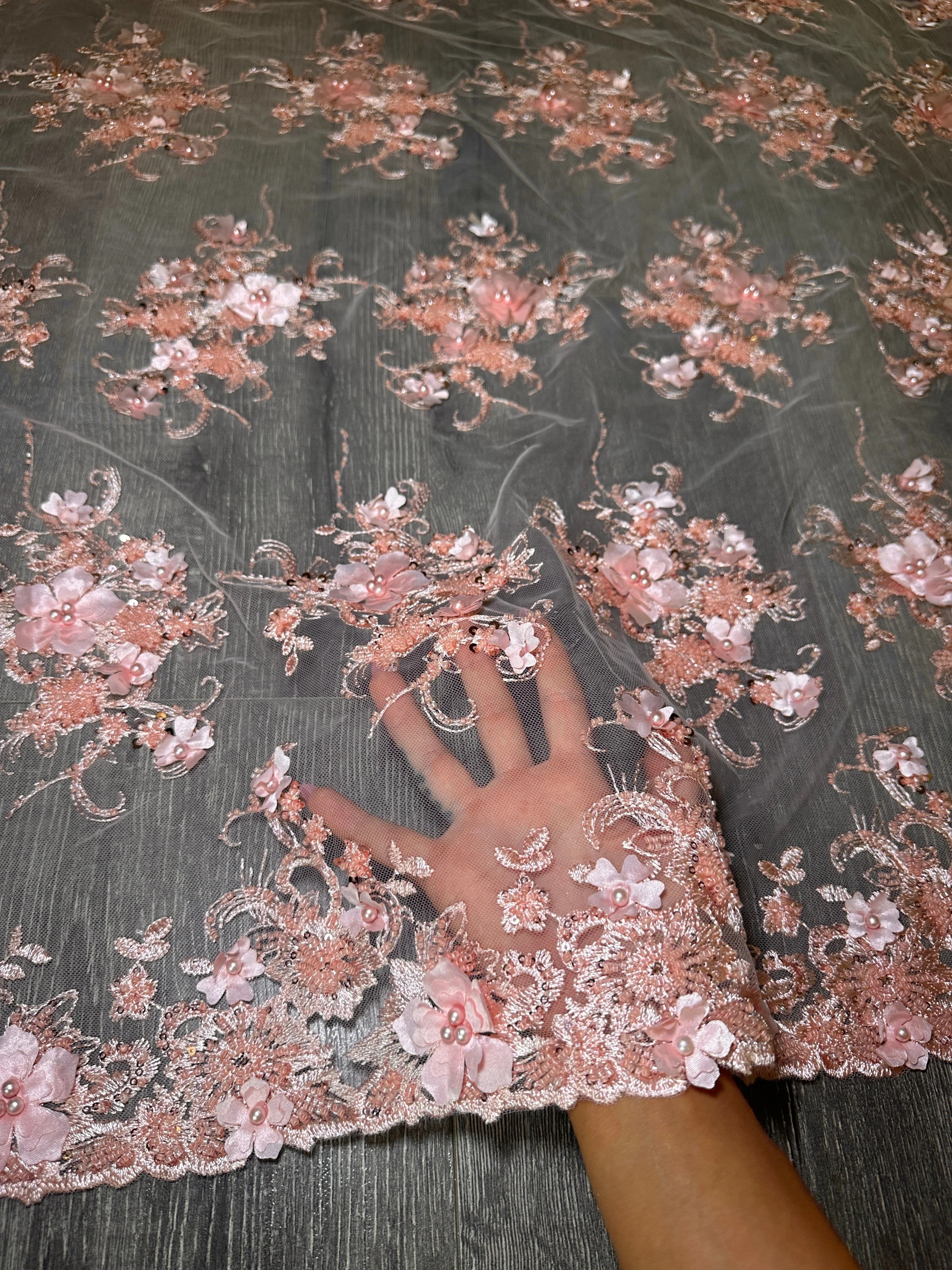 Peach 3D Floral Embroidered Beaded Tulle Lace - Image 3