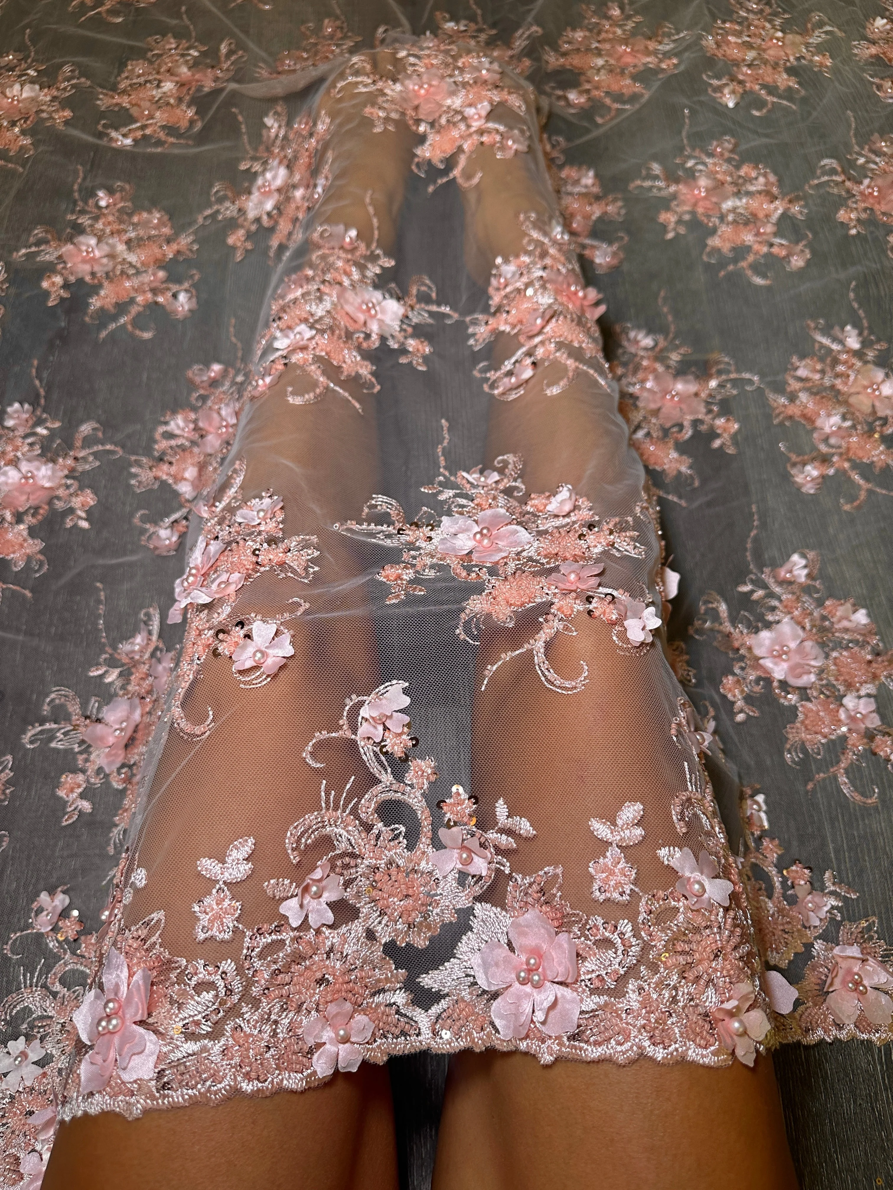 Peach 3D Floral Embroidered Beaded Tulle Lace - Image 4