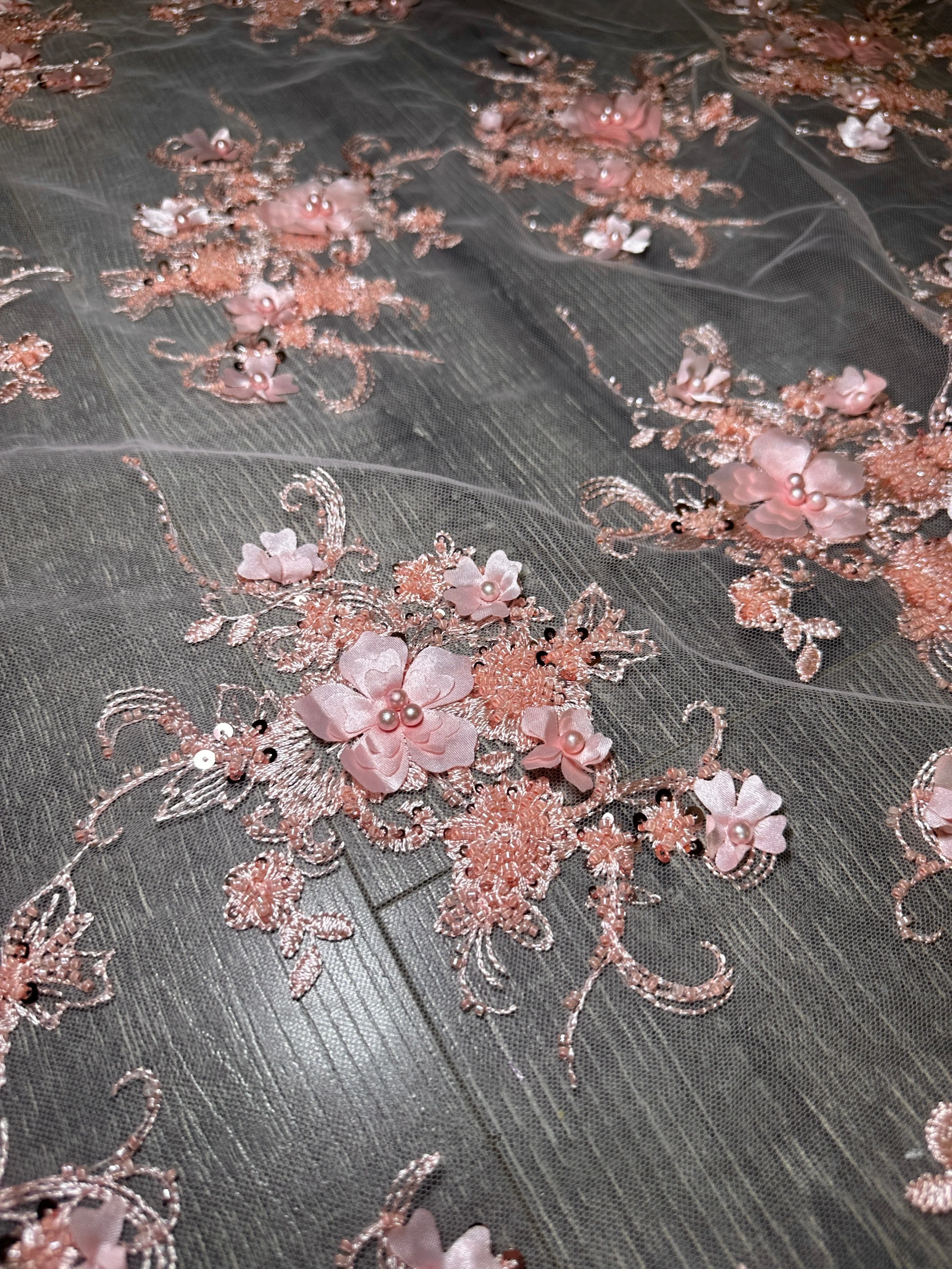 Peach 3D Floral Embroidered Beaded Tulle Lace - Image 5