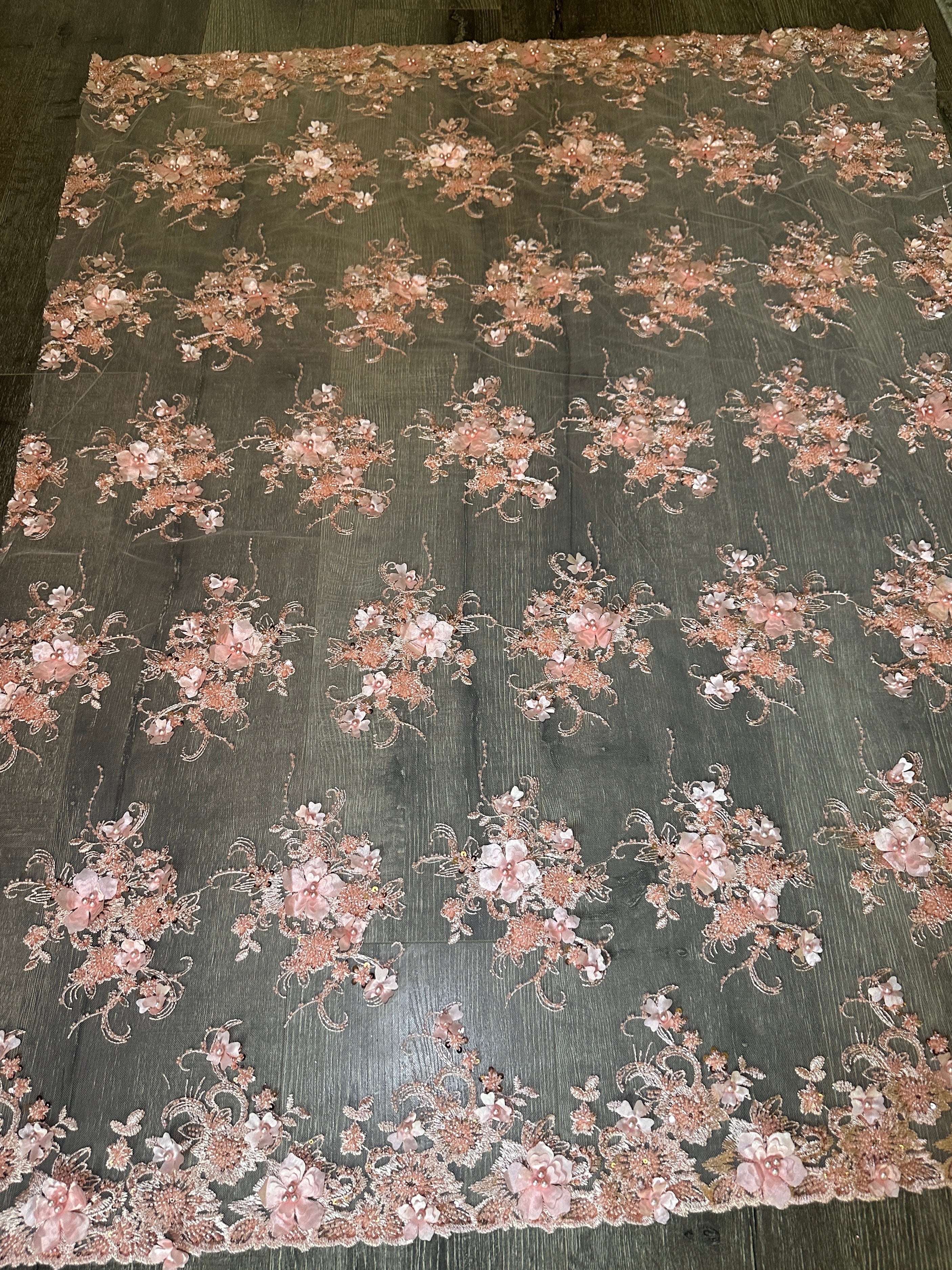 Peach 3D Floral Embroidered Beaded Tulle Lace - Image 6