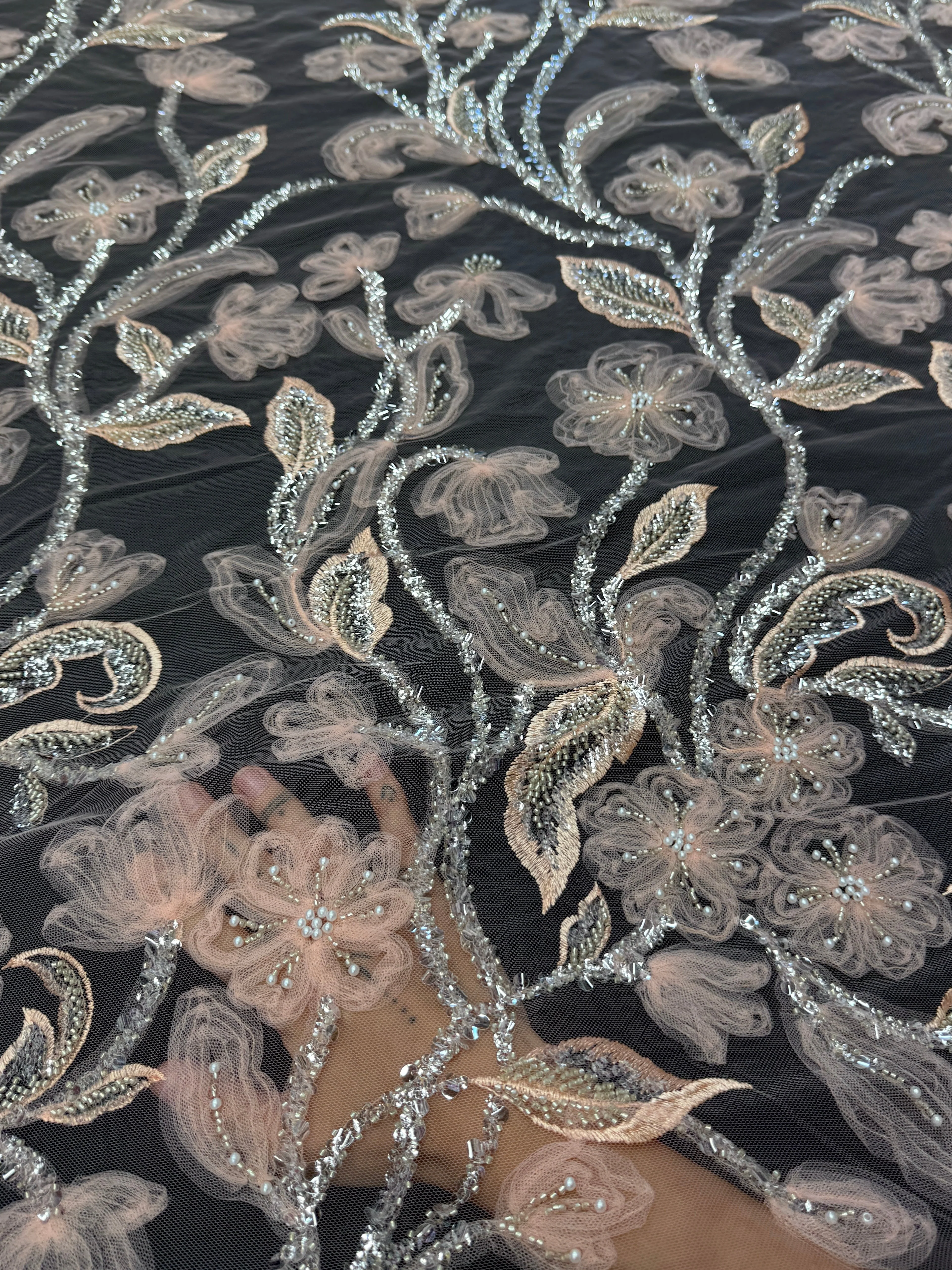 Peach 3D Floral Tulle Beaded Lace Mesh