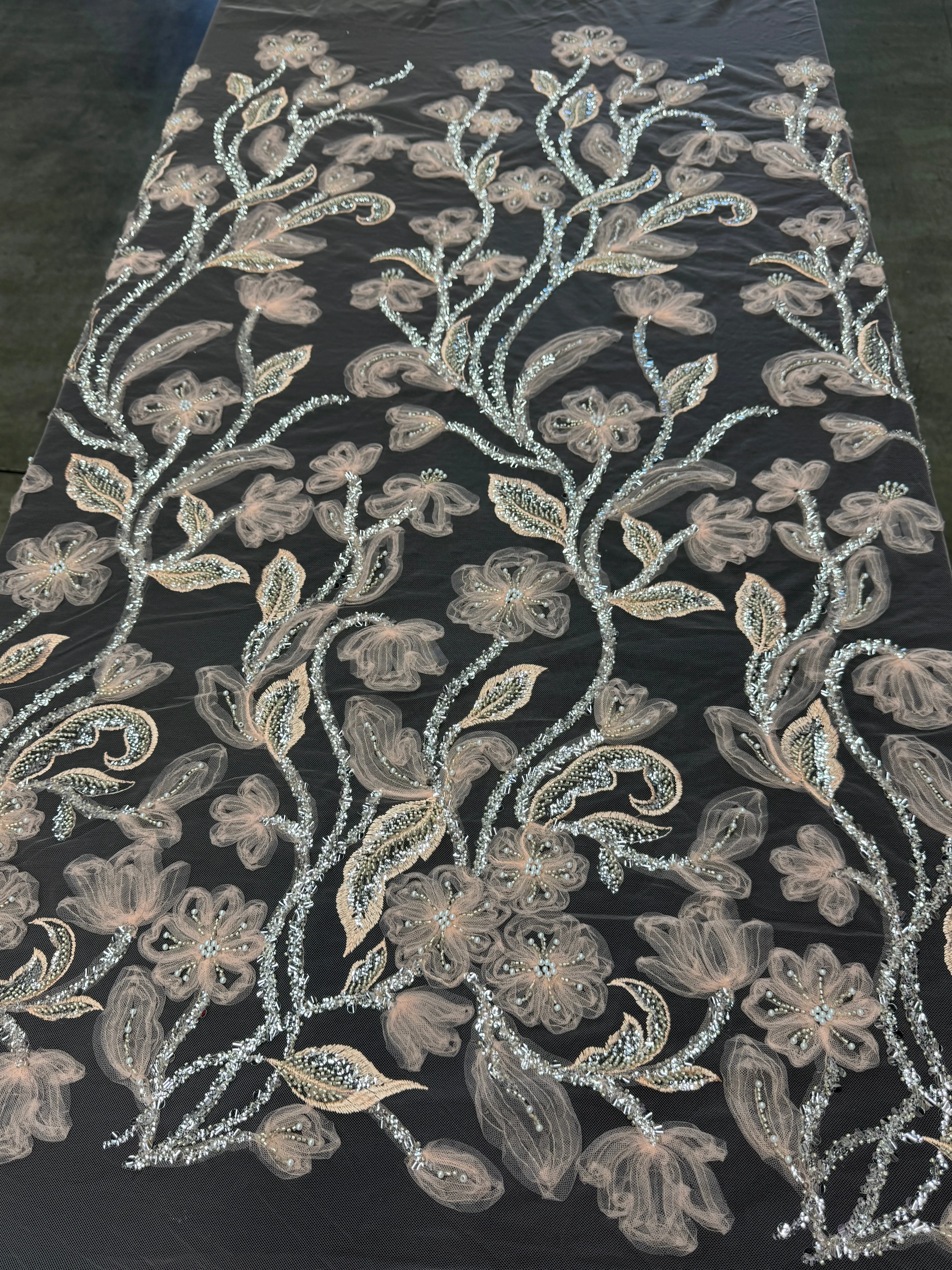 Peach 3D Floral Tulle Beaded Lace Mesh - Image 3