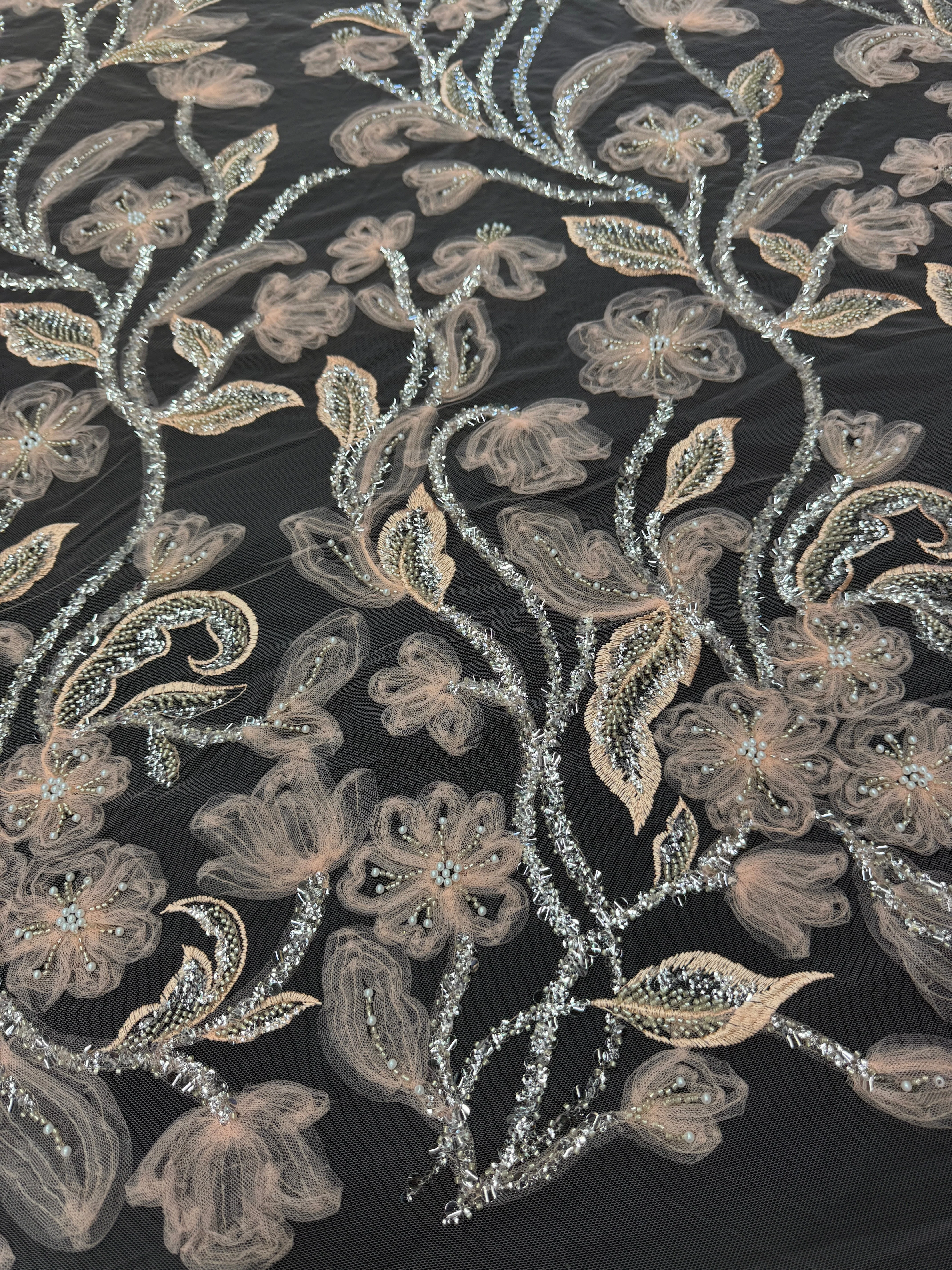 Peach 3D Floral Tulle Beaded Lace Mesh - Image 4